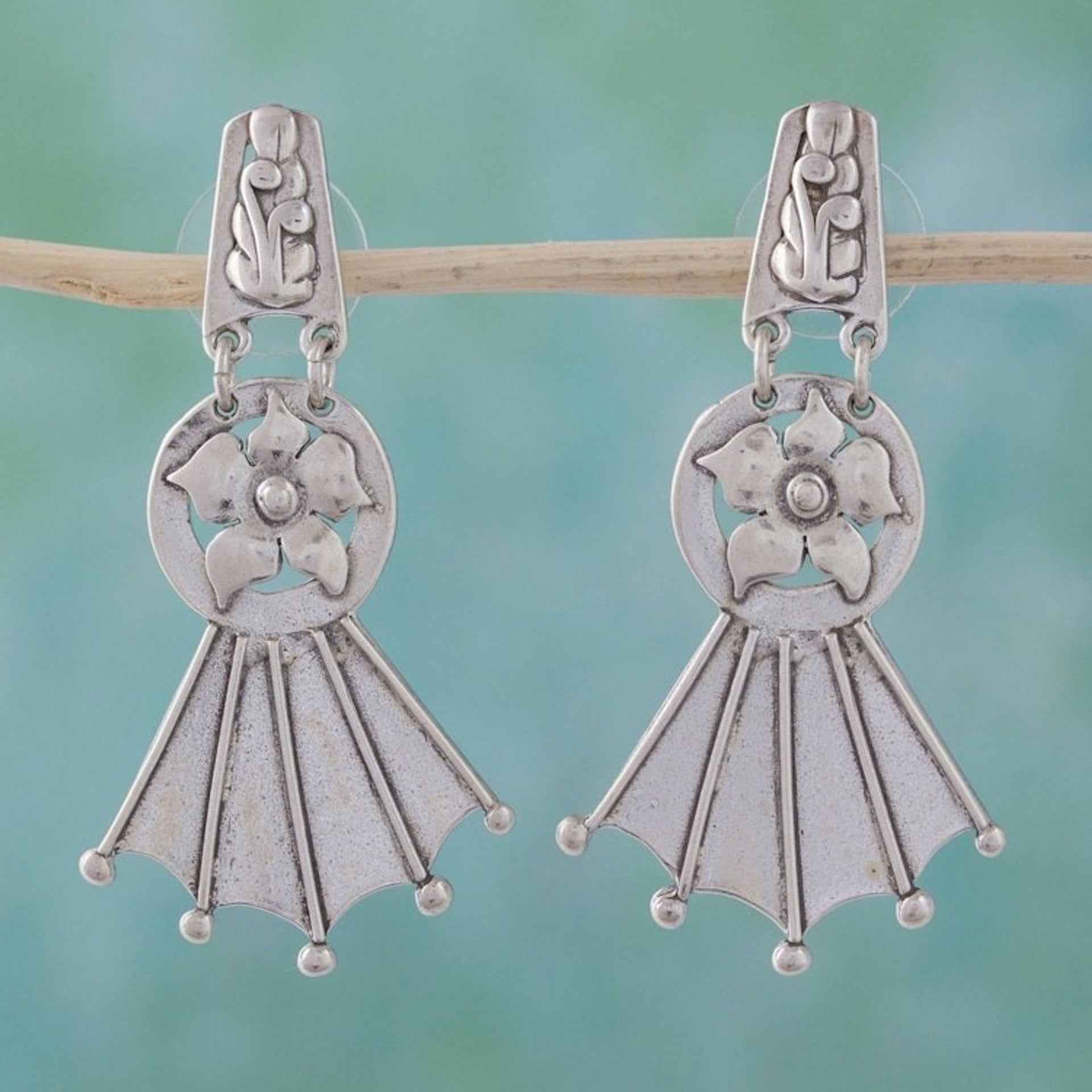 Vintage Look Sterling Silver Flower Earrings 'Floral Fan'