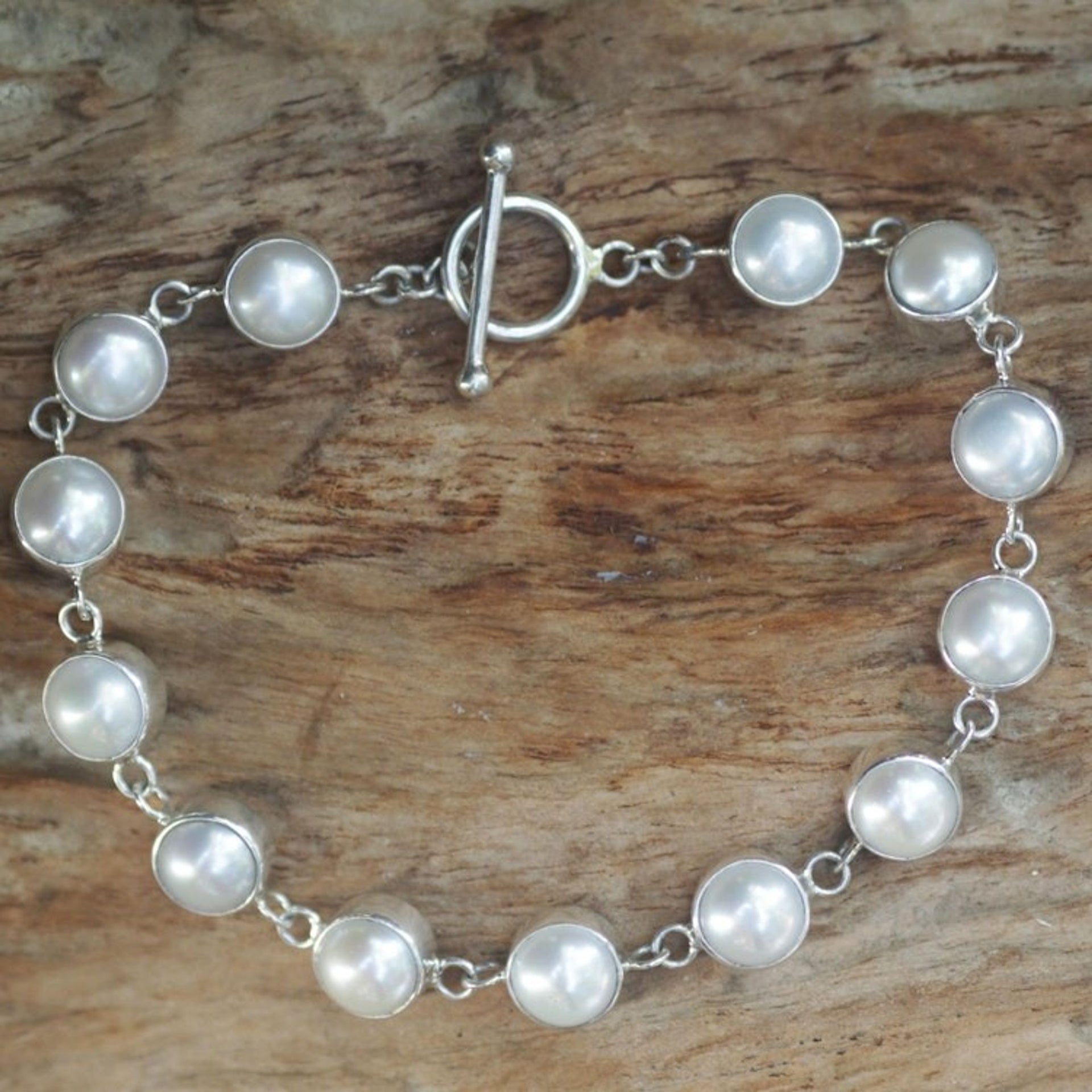 Pearl Sterling Silver Link Bracelet 'Sterling Contrasts'