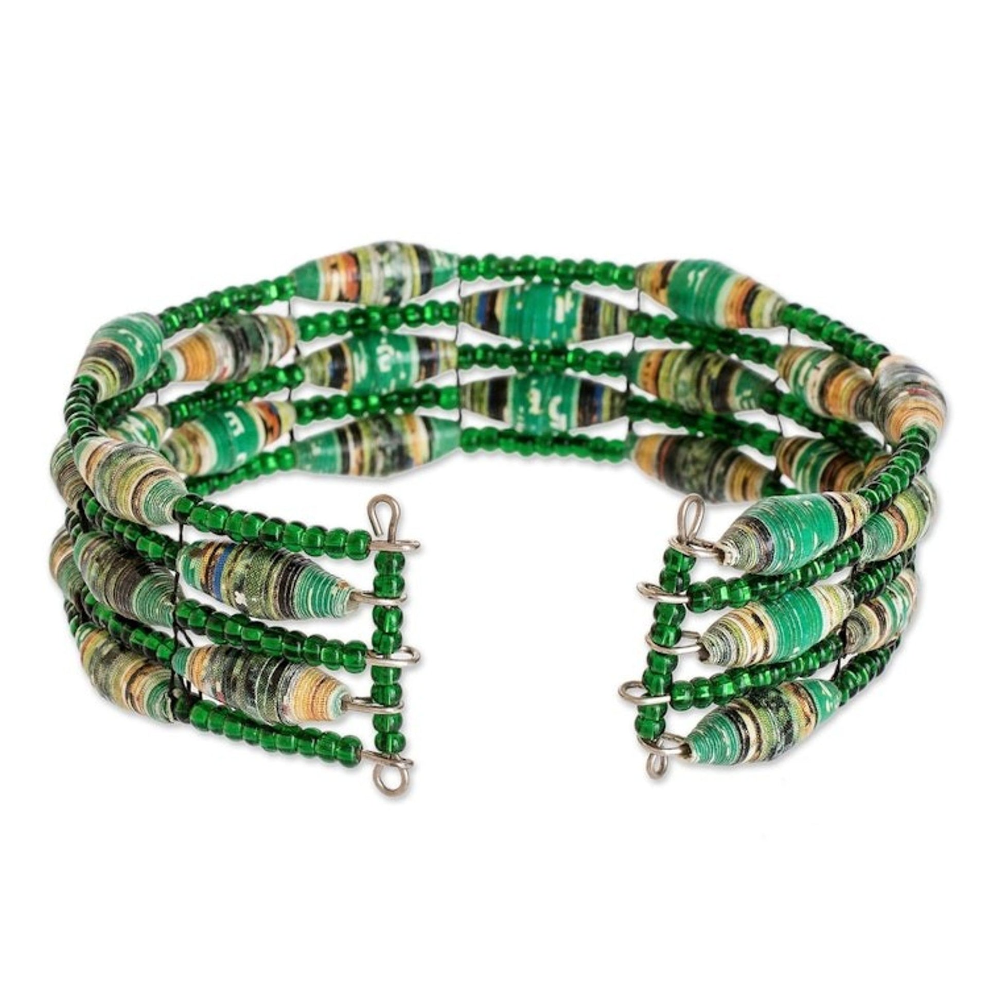 Green Recycled Paper and Glass Bead Bracelet 'Nature of Life in Green'