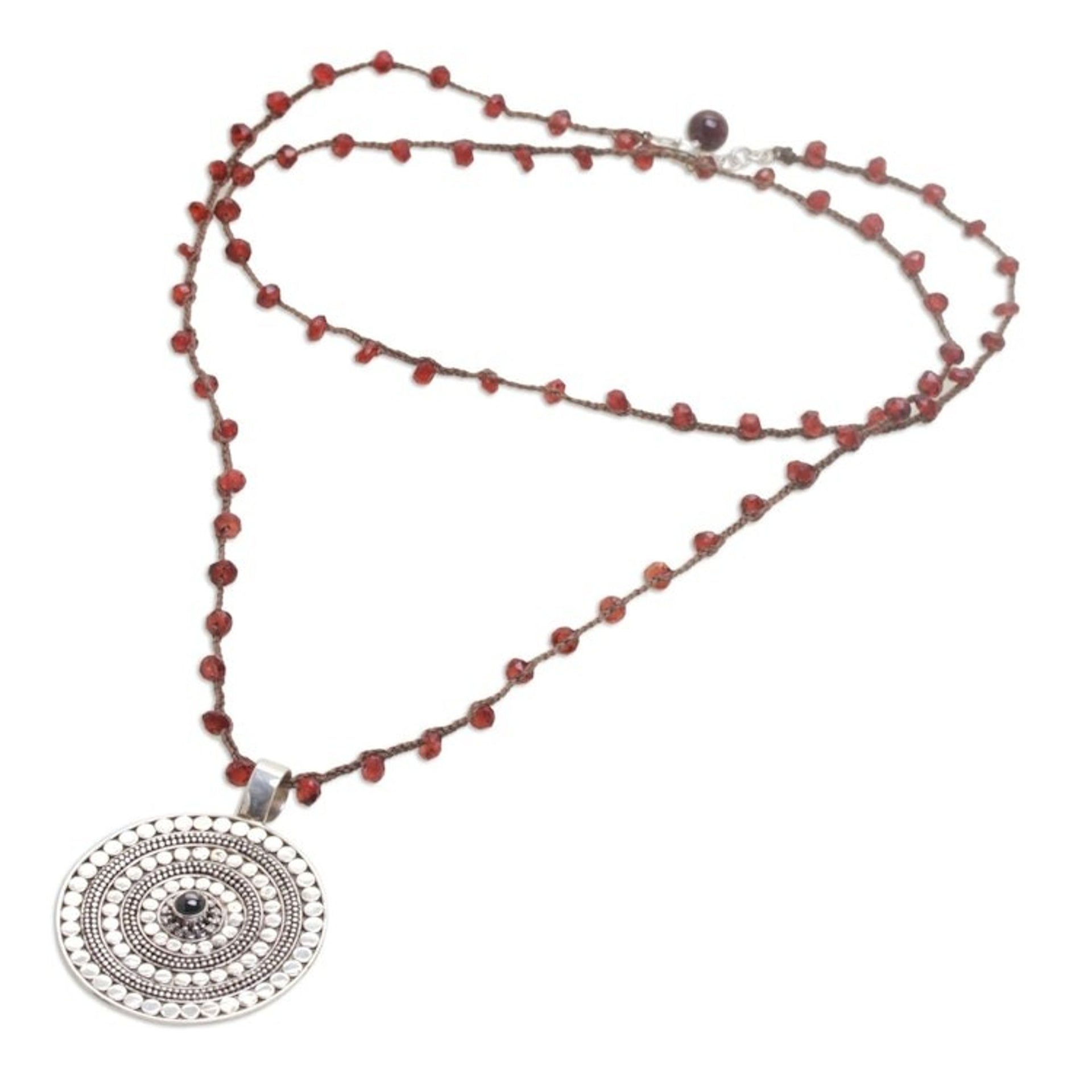 Handmade 925 Sterling Silver Garnet Cord Pendant Necklace 'Shining Shield in Red'