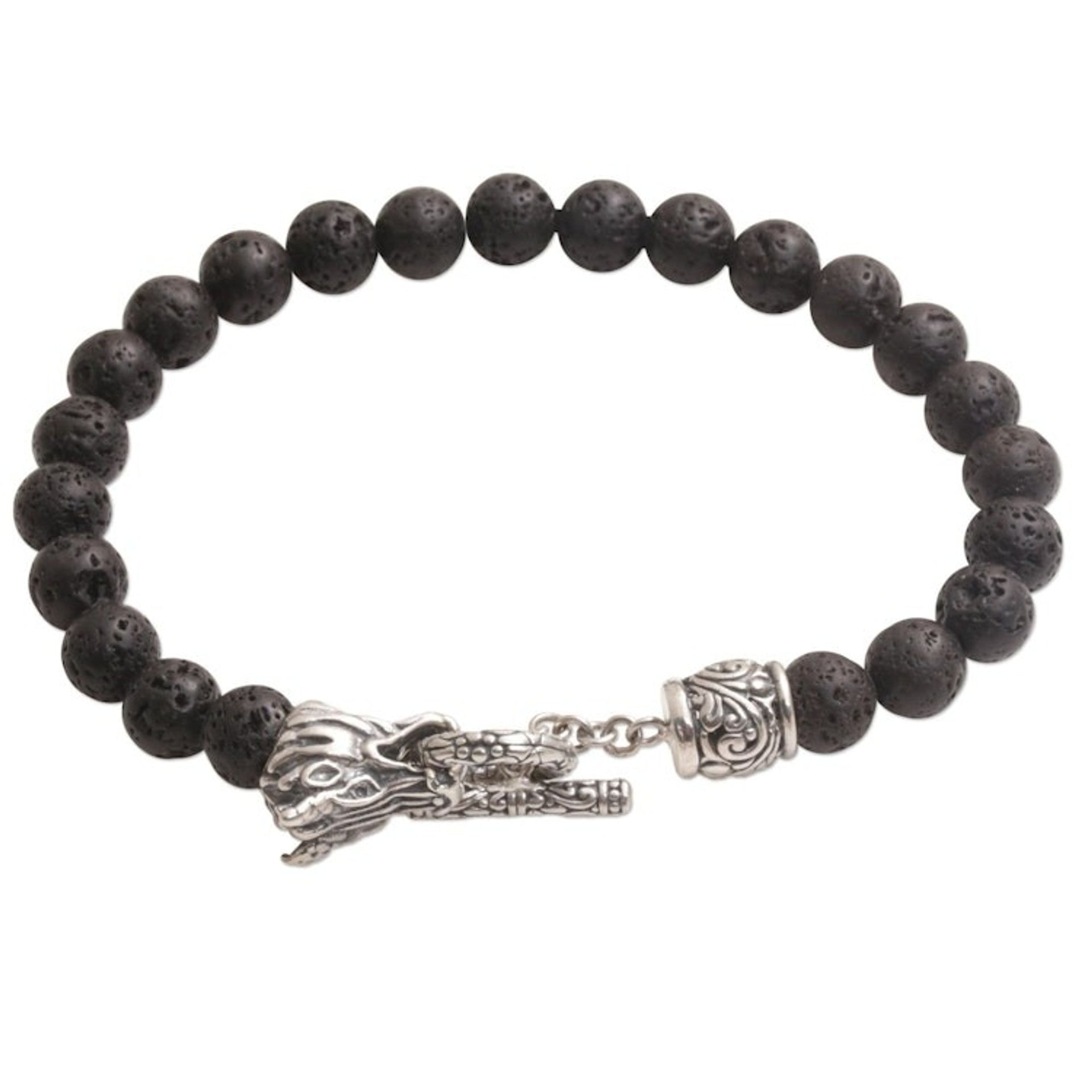 Lava Stone and 925 Silver Beaded Dragon Bracelet from Bali 'Dragon Glory'
