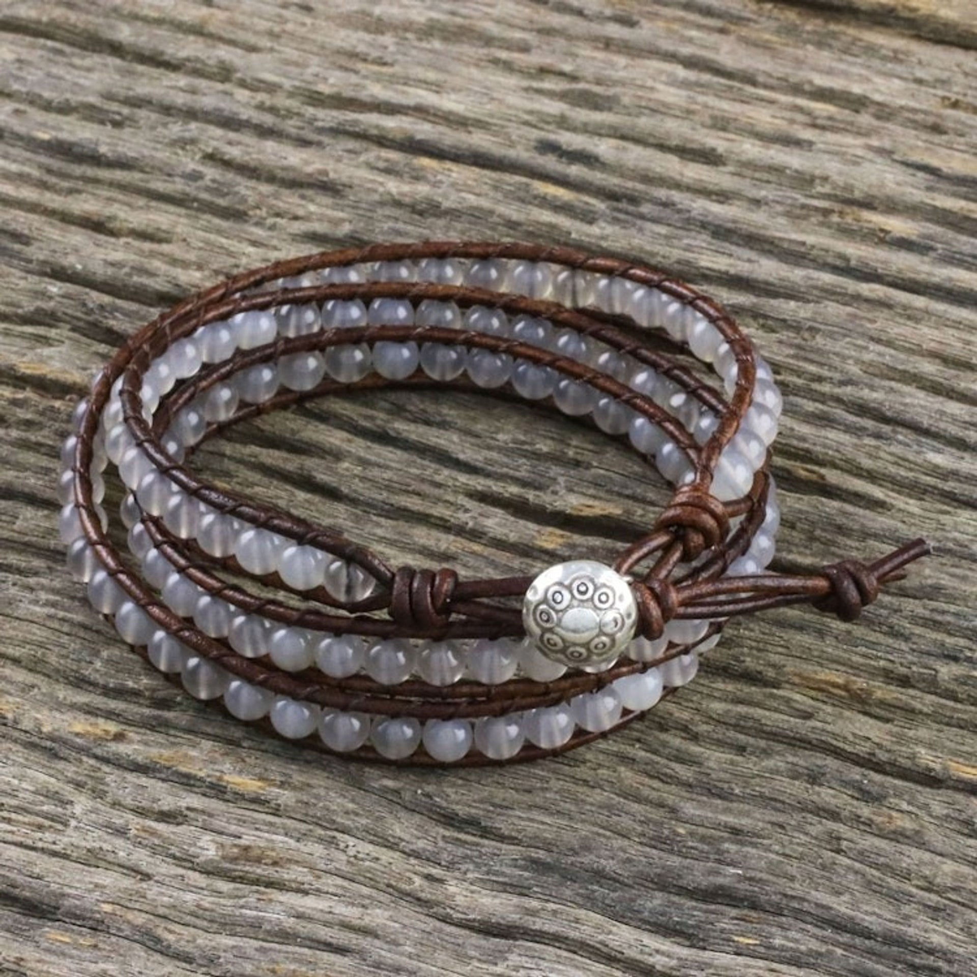 Chalcedony and Leather Beaded Wrap Bracelet from Thailand 'Spring Fog'