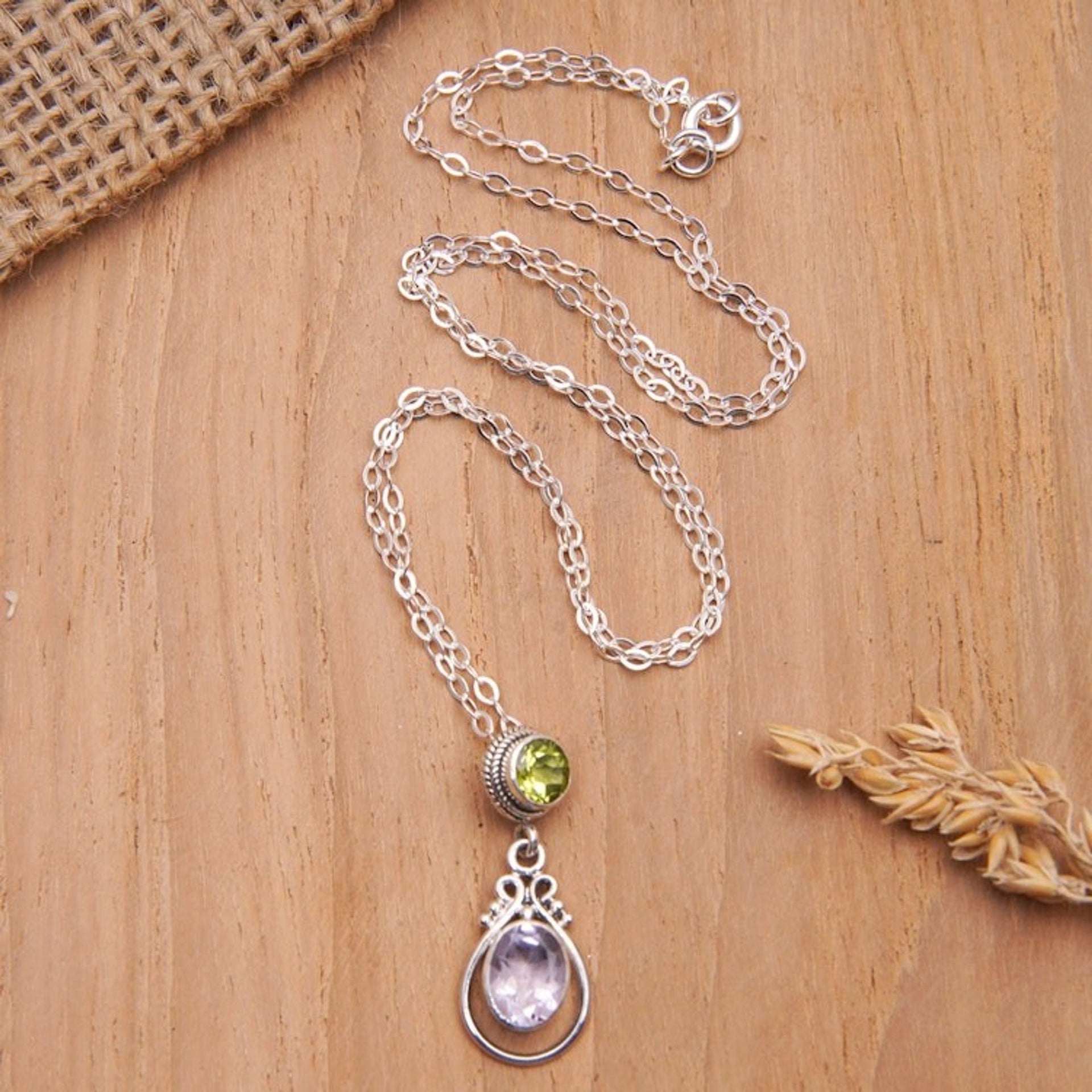 1-Carat Amethyst and Peridot Pendant Necklace from Bali 'Primaveral Soul'