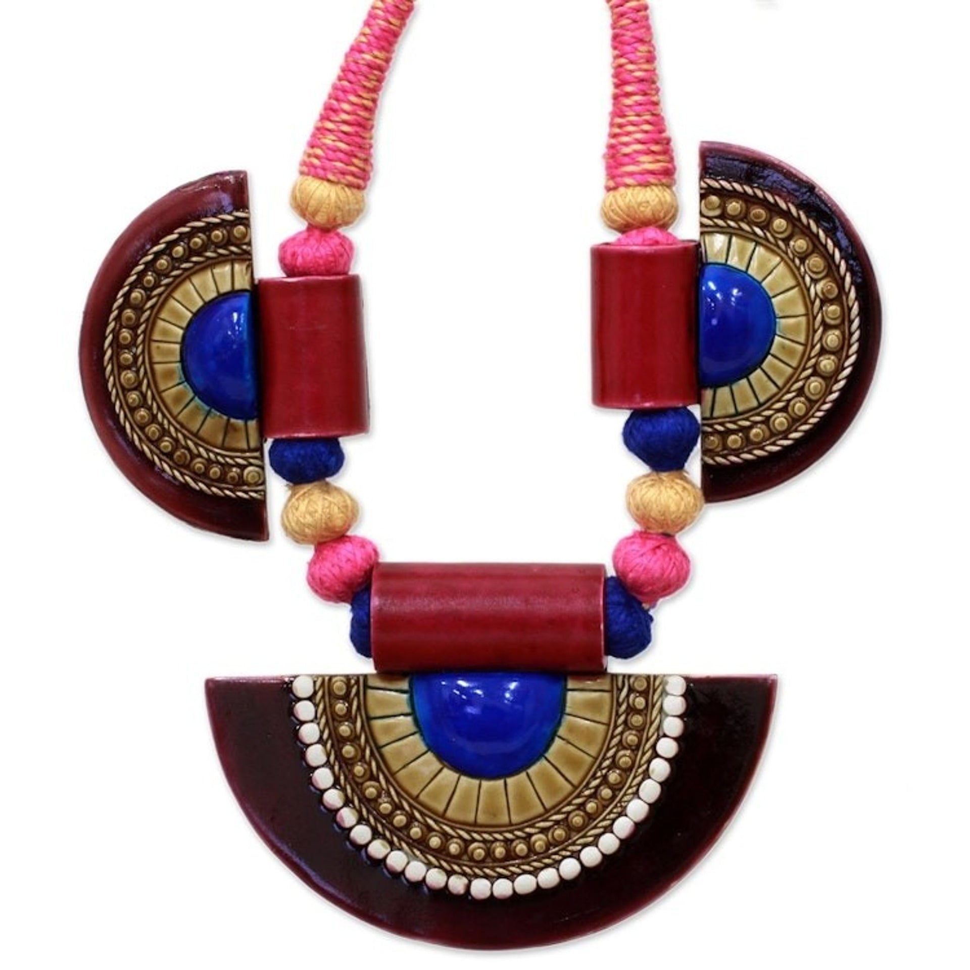 Ceramic Pendants on Artisan Crafted Indian Cotton Necklace 'Eastern Suns'