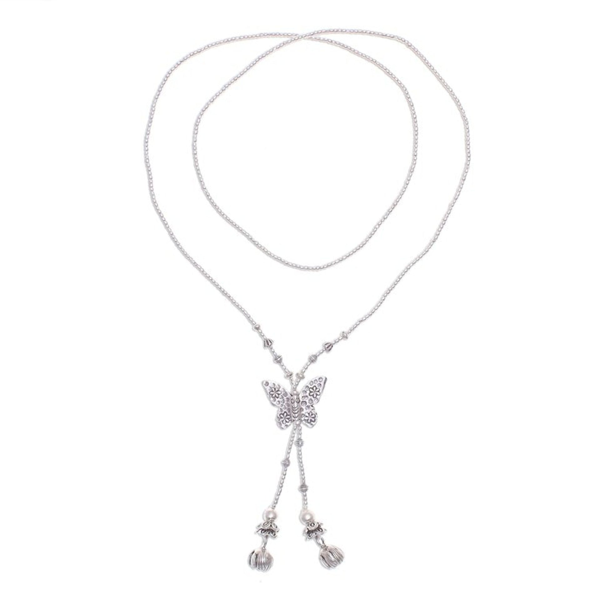950 Silver Butterfly Pendant Lariat Necklace 'Butterfly Passion'