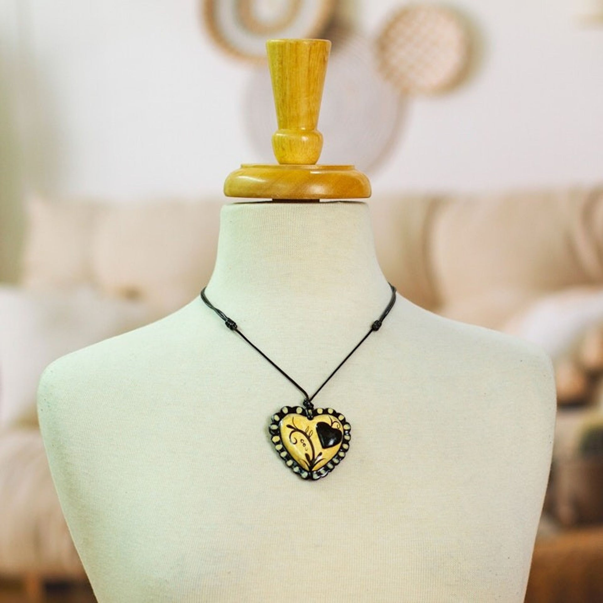Hand Painted Black Beige Papier Mache Heart Necklace 'Two Loving Hearts'