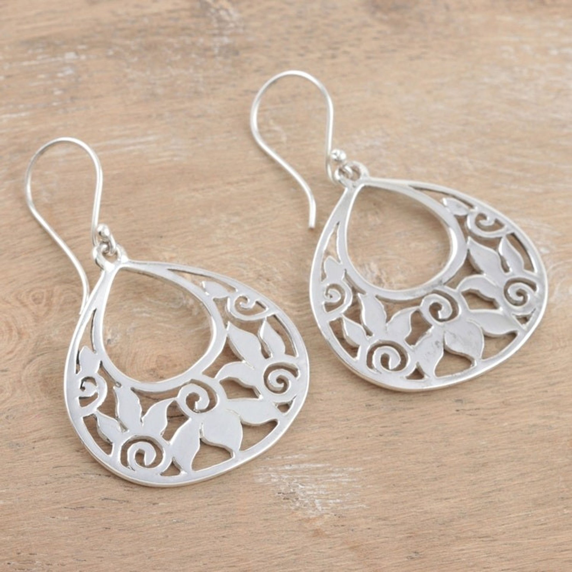 Floral Jewelry from India Handmade Silver Earrings 'Moonlit Lotus'