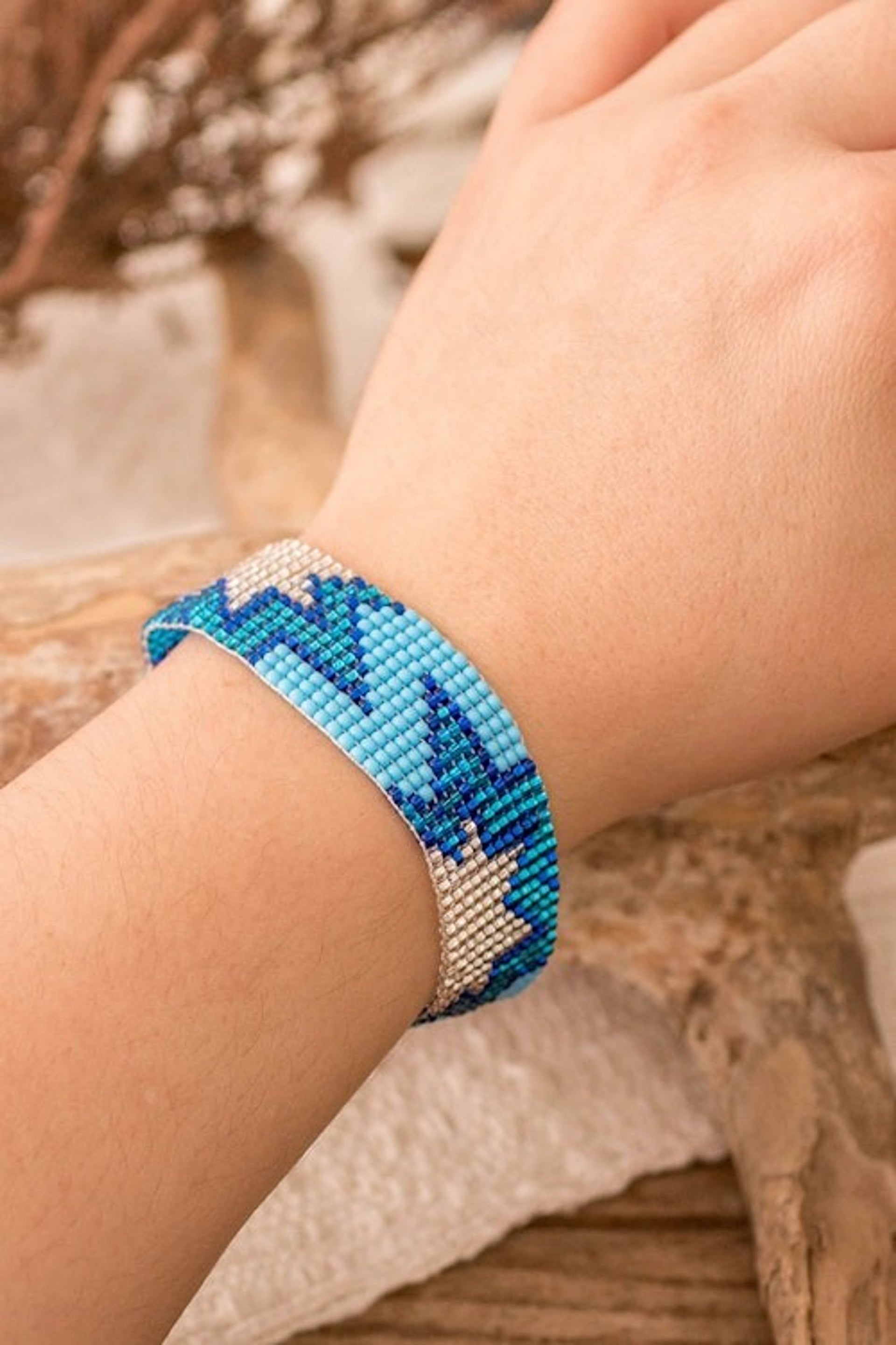 Sky Blue Glass Beaded Wristband Bracelet with Star Motifs 'Celestial Blast'