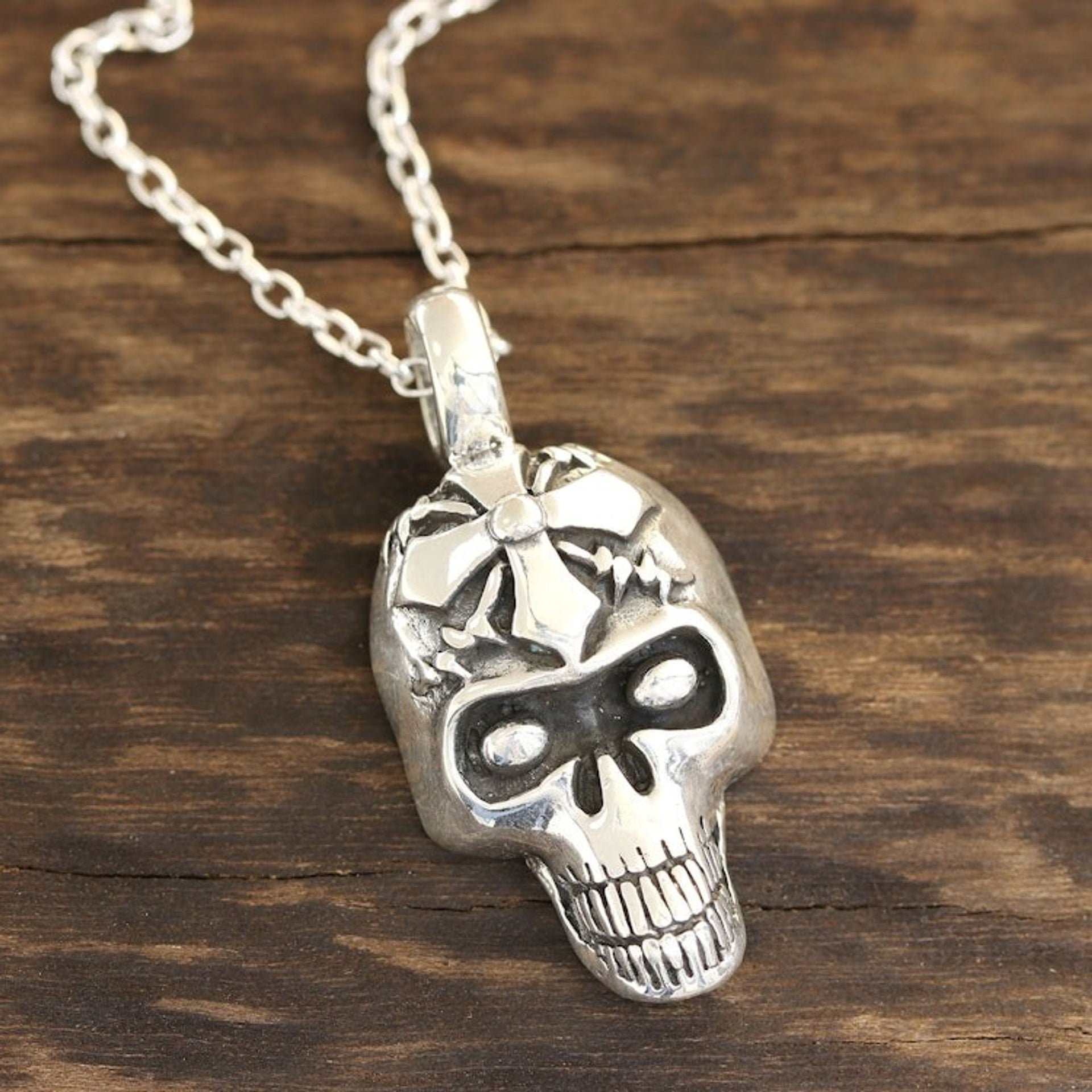 Sterling Silver Skull Cross Pendant Necklace from India 'Grinning Cross'