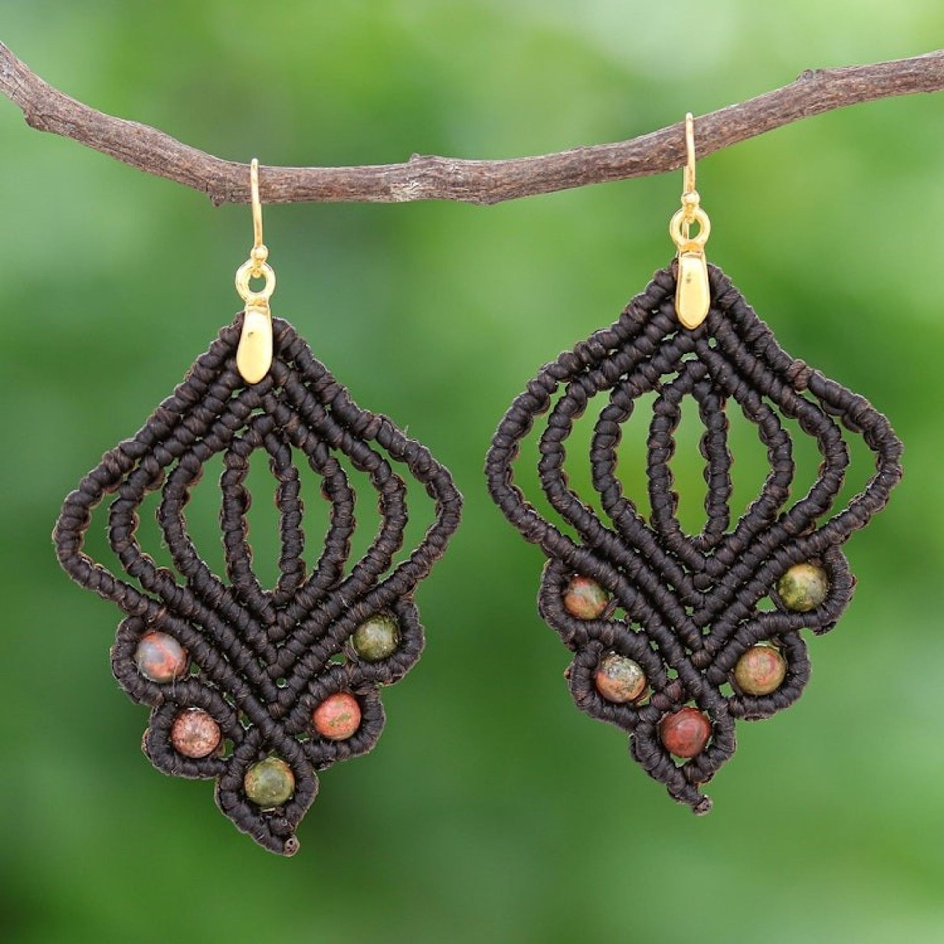 Gold-Accented Unakite Macrame Dangle Earrings 'Hidden Dreams'
