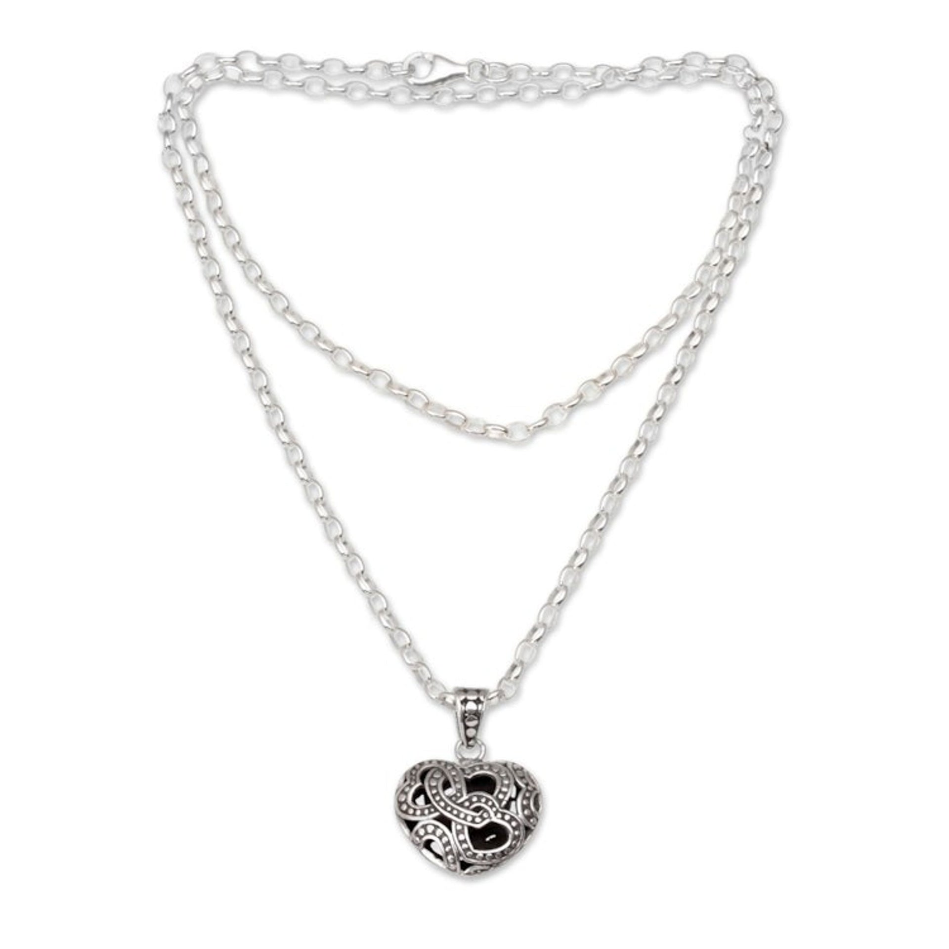 Sterling Silver Openwork Heart Necklace from Bali 'Embraced by Love'