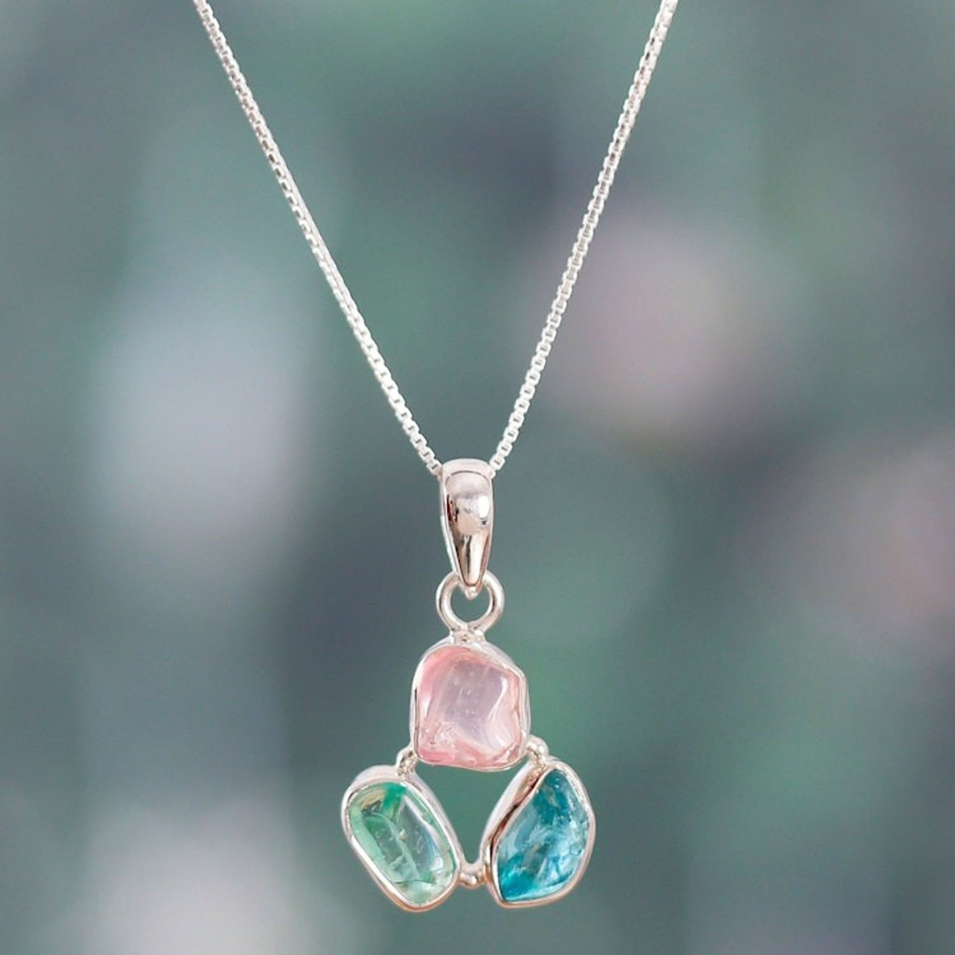 Sterling Silver Apatite and Rose Quartz Pendant Necklace 'Spectacular Trio'
