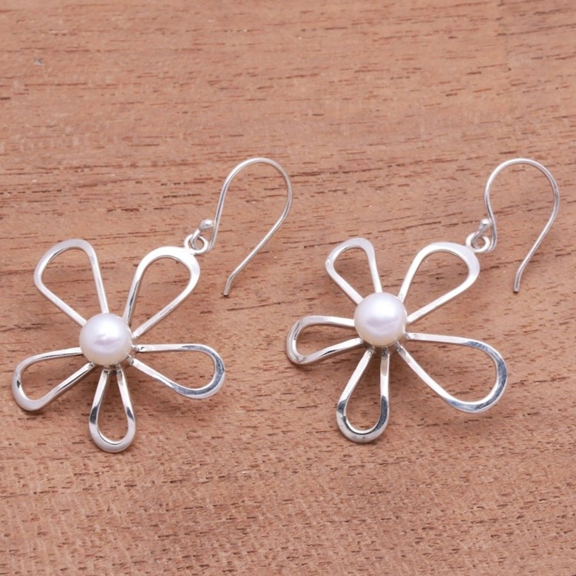 Floral Cultured Pearl Dangle Earrings Crafted in Bali 'Flower's Center'