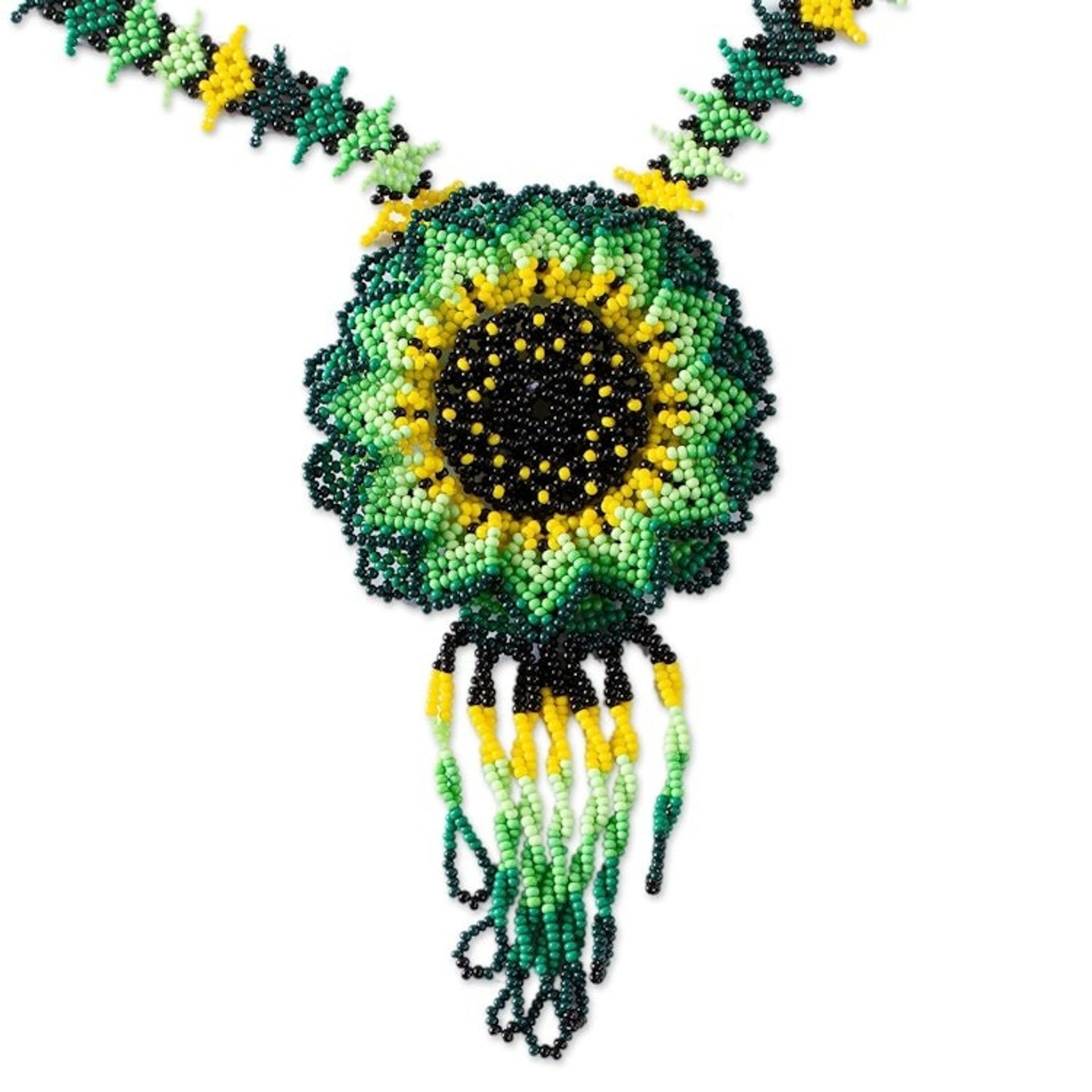 Mexican Artisan Crafted Sunflower Beaded Pendant Necklace 'Sunlit Flower'