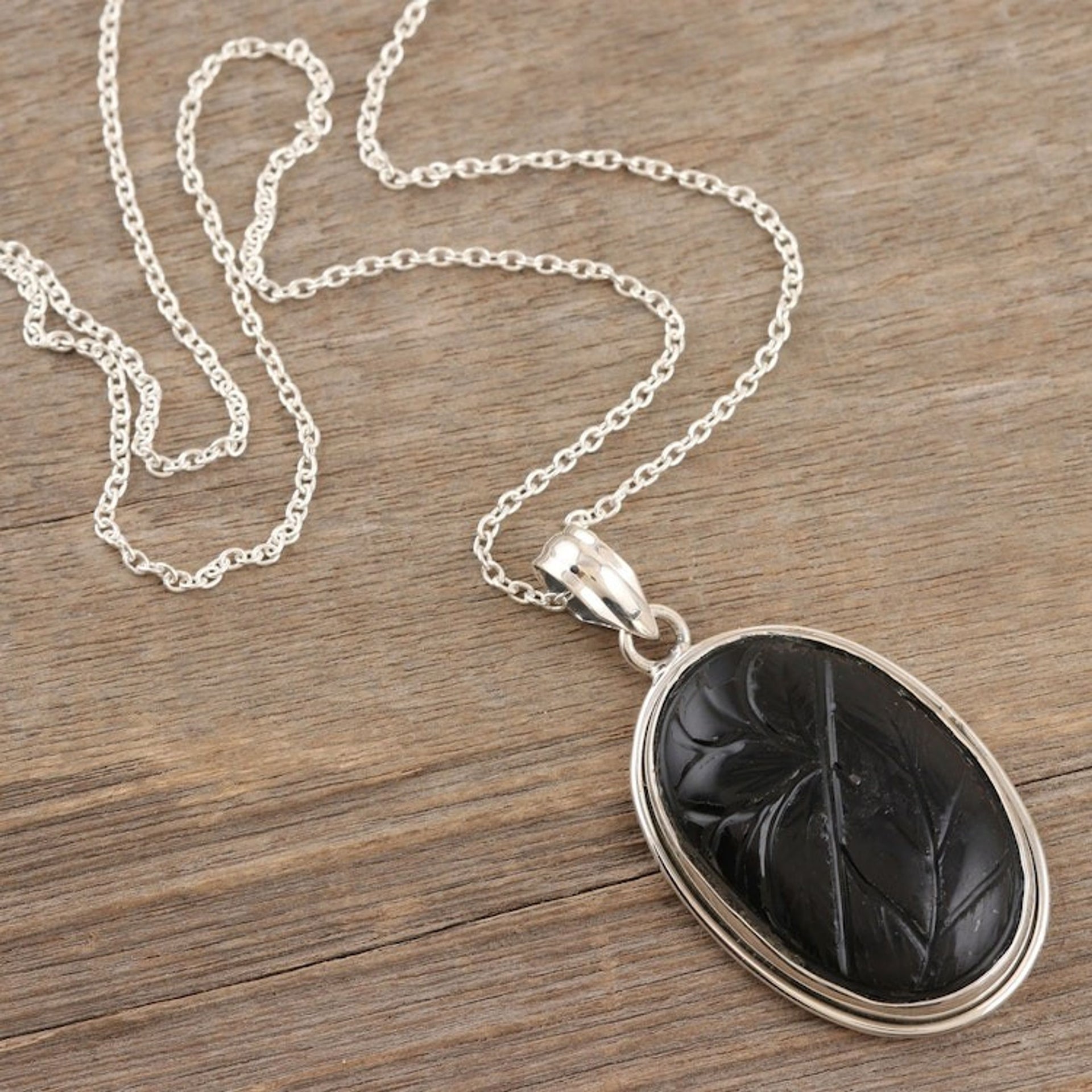 Sterling Silver Pendant Necklace with Black Onyx from India 'Leaf Rapture'