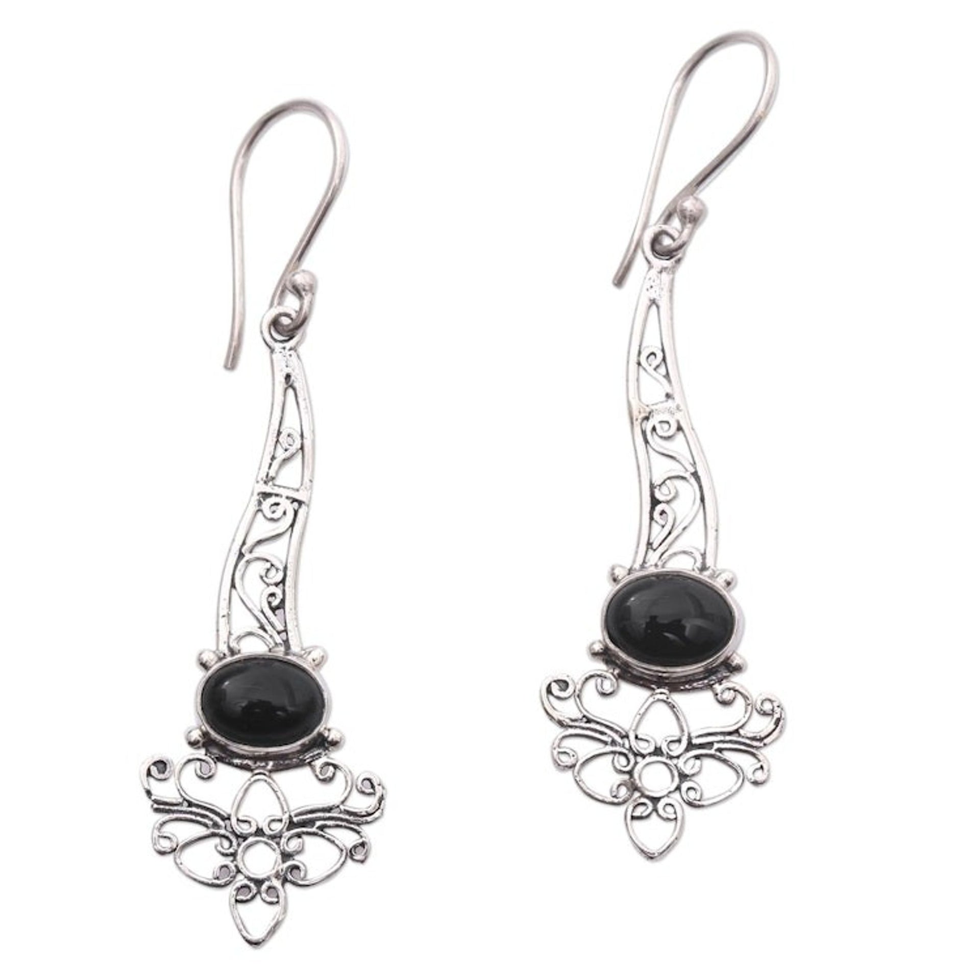 Onyx Sterling Silver Floral Motif Scrollwork Dangle Earrings 'Midnight Garden Breeze'