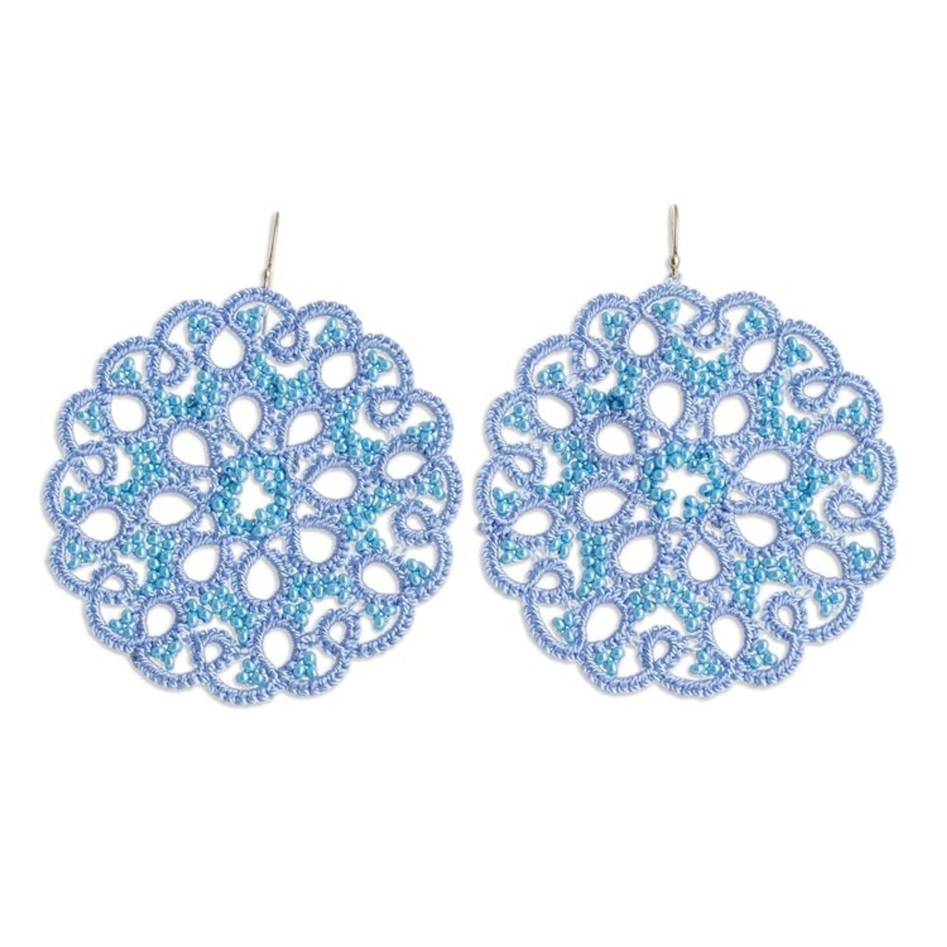 Hand-Tatted Blue Dangle Earrings with Glass Beads 'Life Harmony in Blue'
