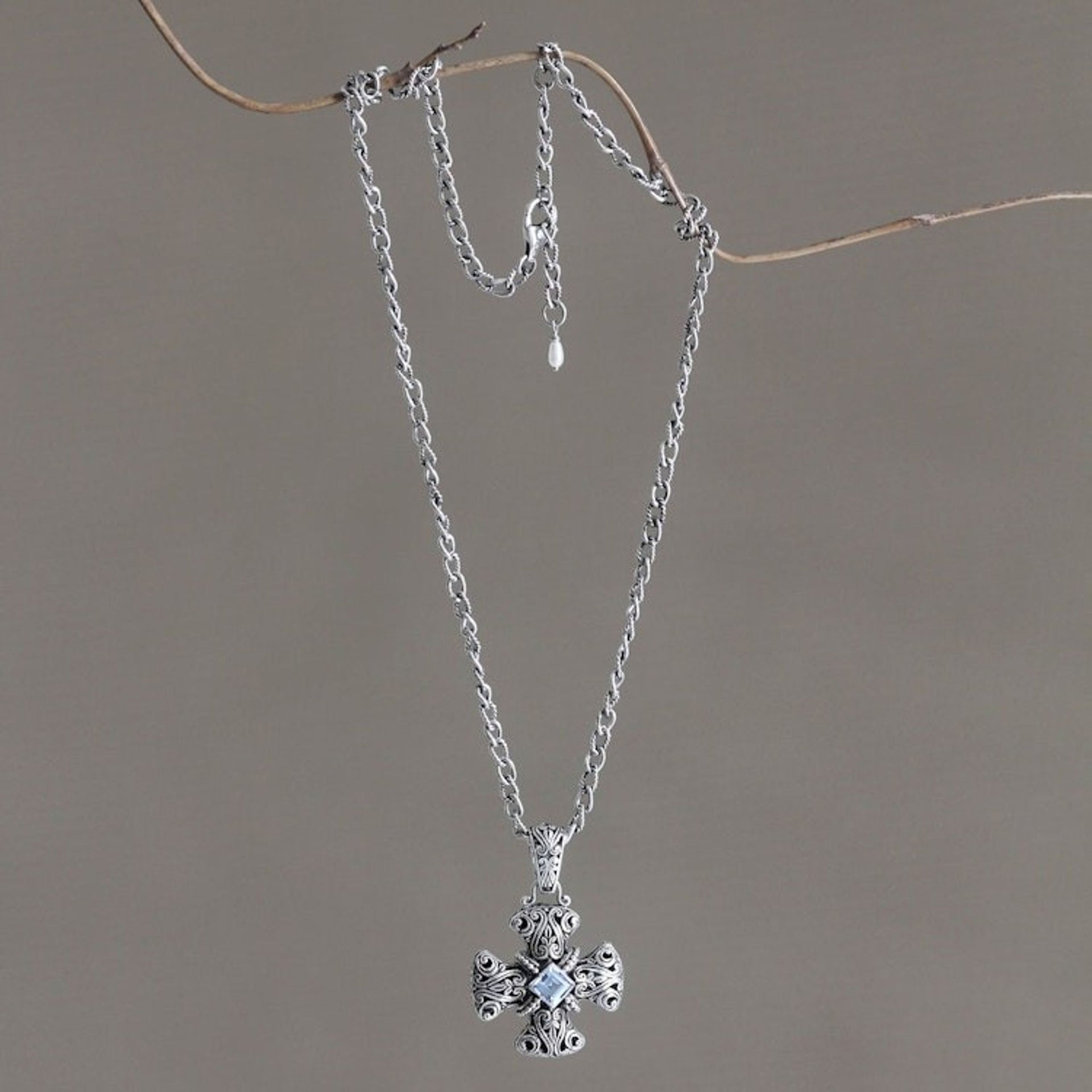 Blue topaz pendant necklace 'Floral Cross'