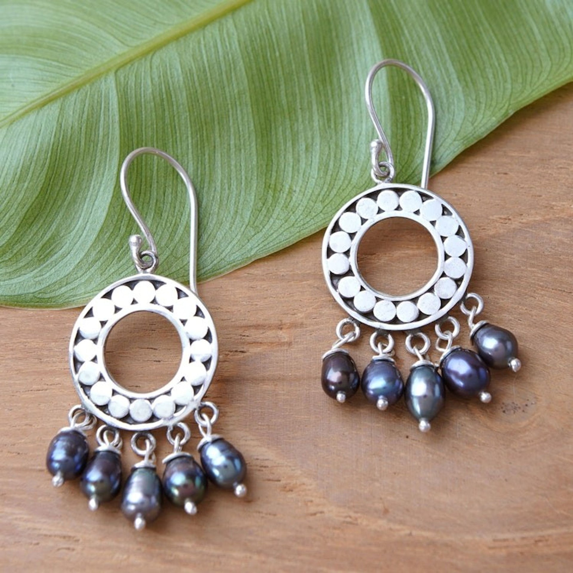 Sterling Silver Pearl Chandelier Earrings 'Black Moon Aura'