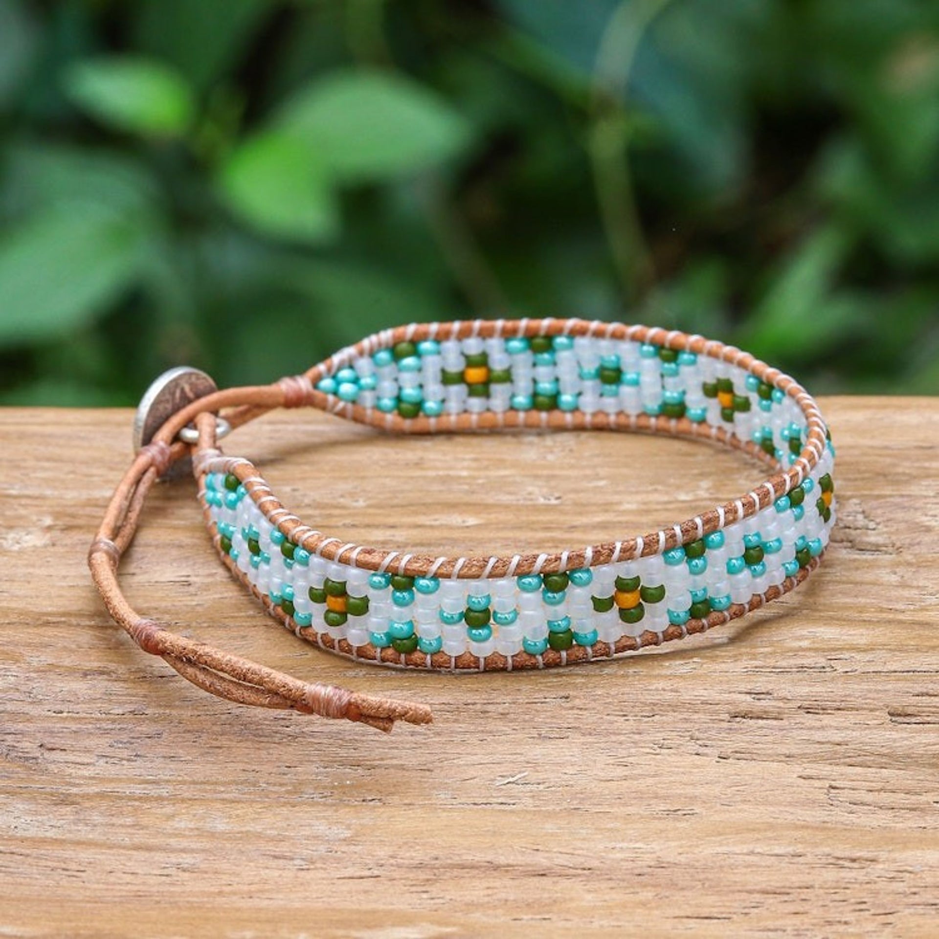Turquoise Glass Bead and Brown Leather Wristband Bracelet 'Peace at the Shore'