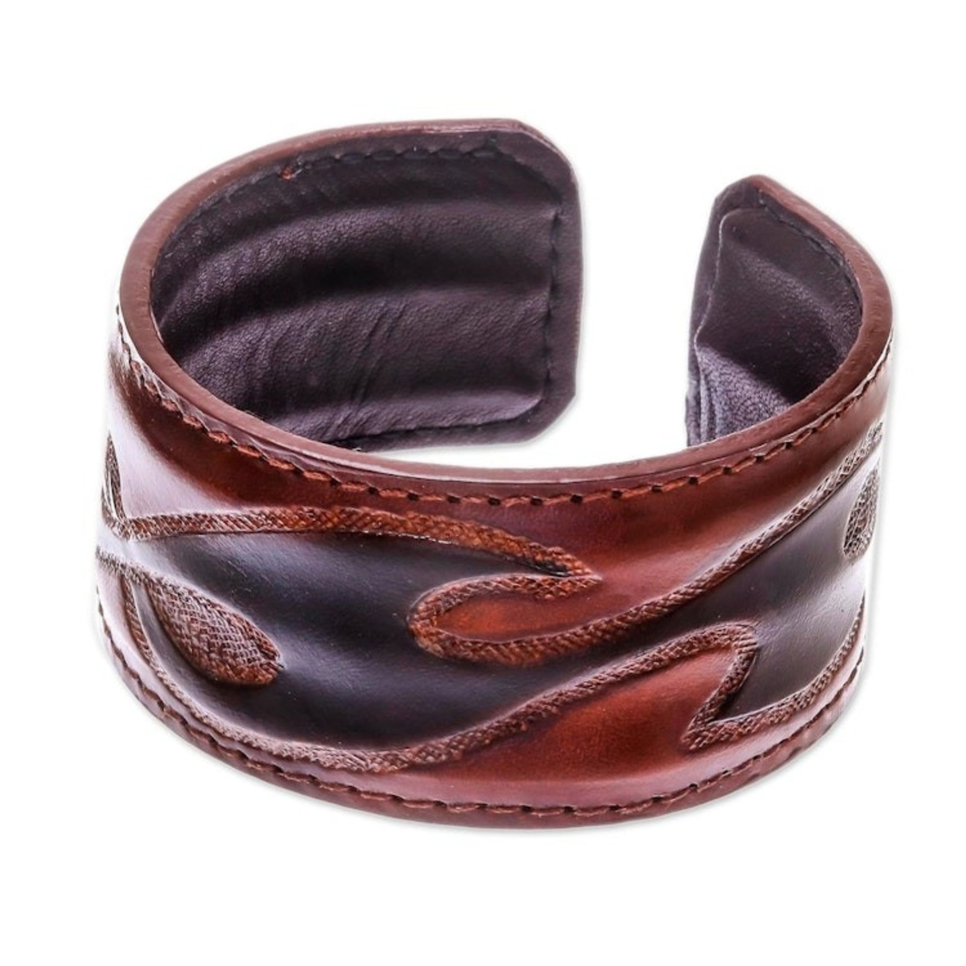 Tribal Pattern Brown Leather Cuff Bracelet from Thailand 'Tribal Pattern in Brown'
