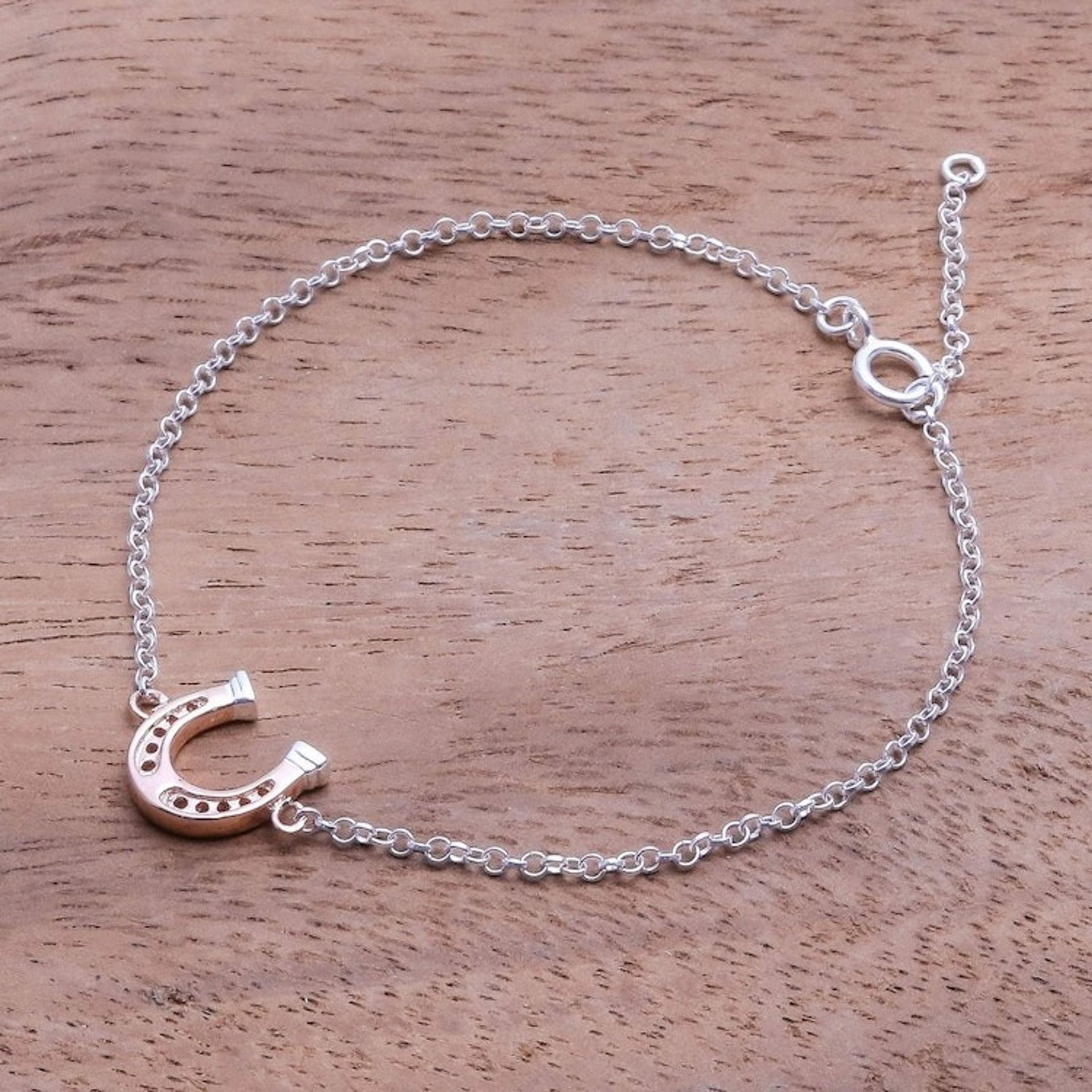 Rose Gold Accented Sterling Silver Horseshoe Bracelet 'Horseshoe Gleam'