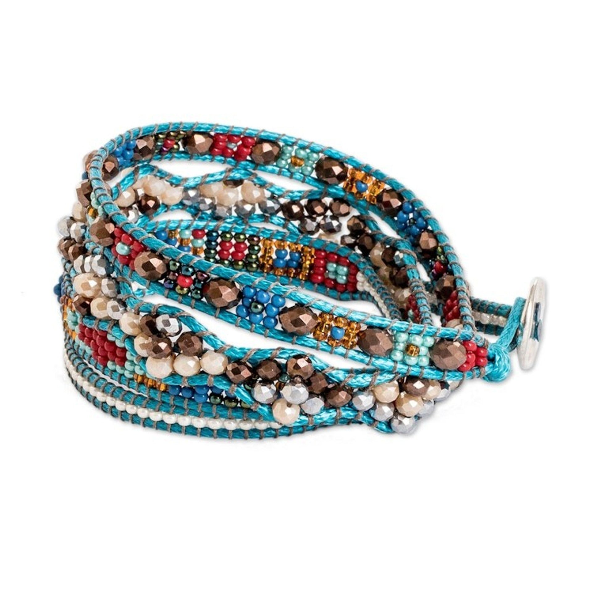 Handwoven Beaded Blue-Hued Wrap Bracelet with Pewter Button 'Encircling Flair'