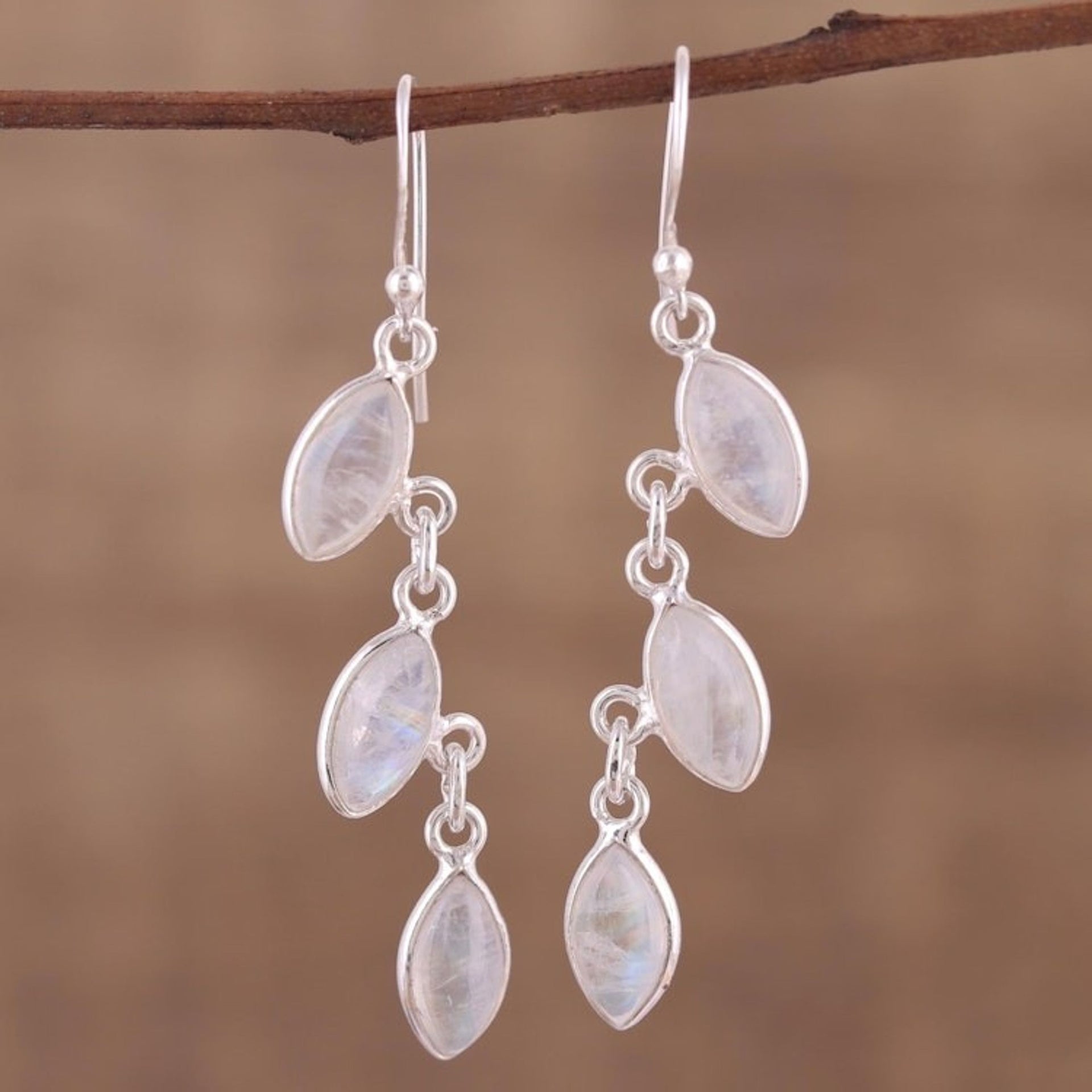 Rainbow Moonstone Long Dangle Earrings with Sterling Silver 'Frosty Trail'