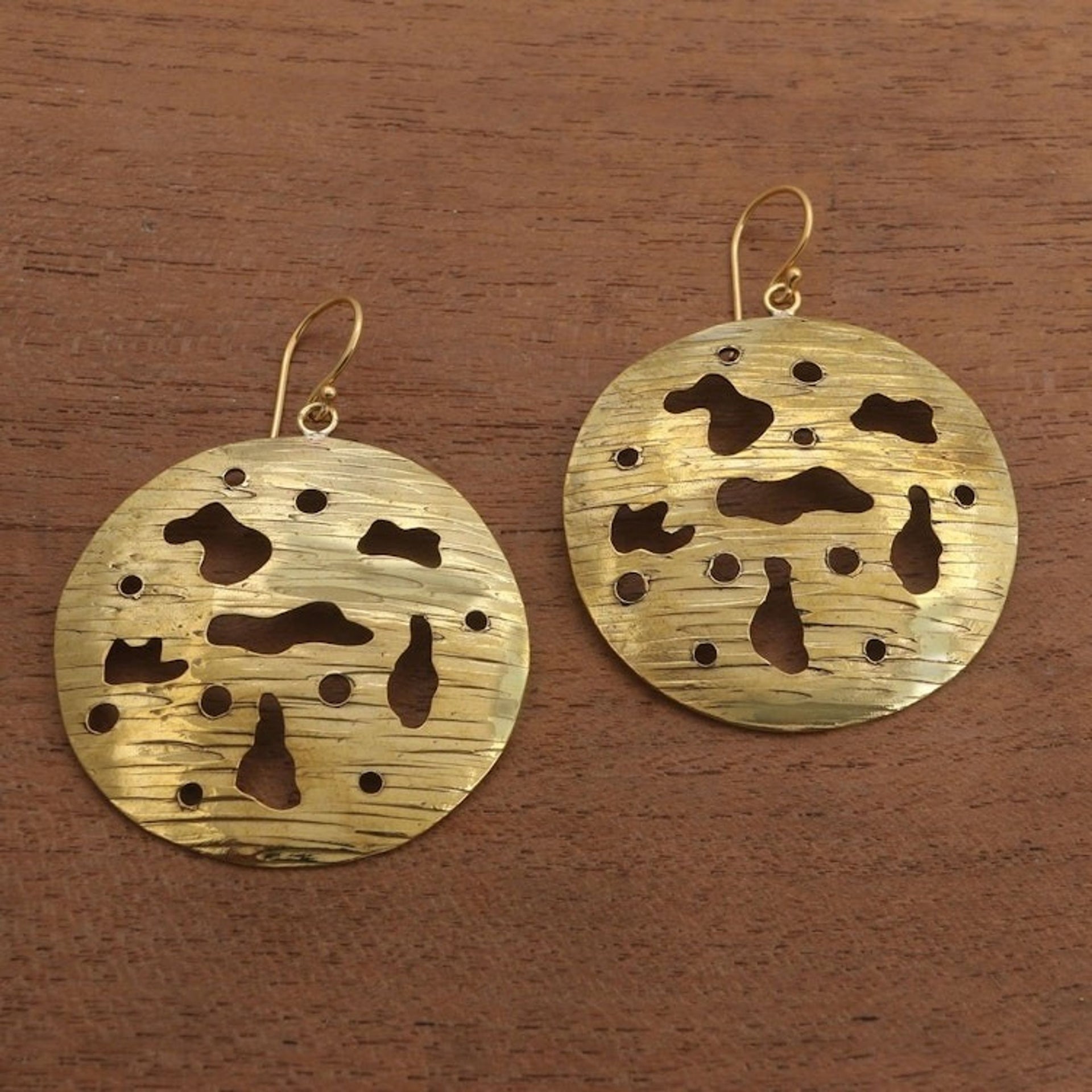 Circular Abstract Brass Dangle Earrings from Bali 'Abstract Suns'