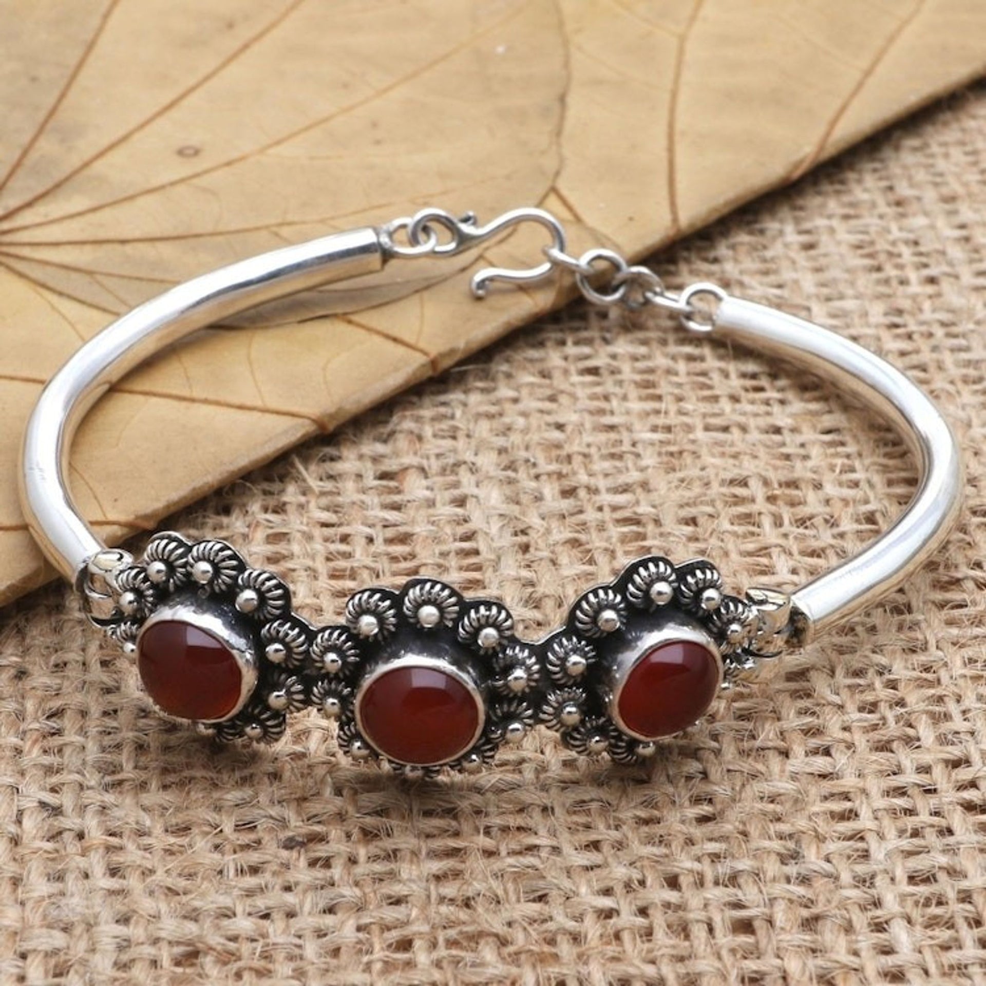 Sterling Silver and Carnelian Bangle Bracelet 'Secret Lotus'