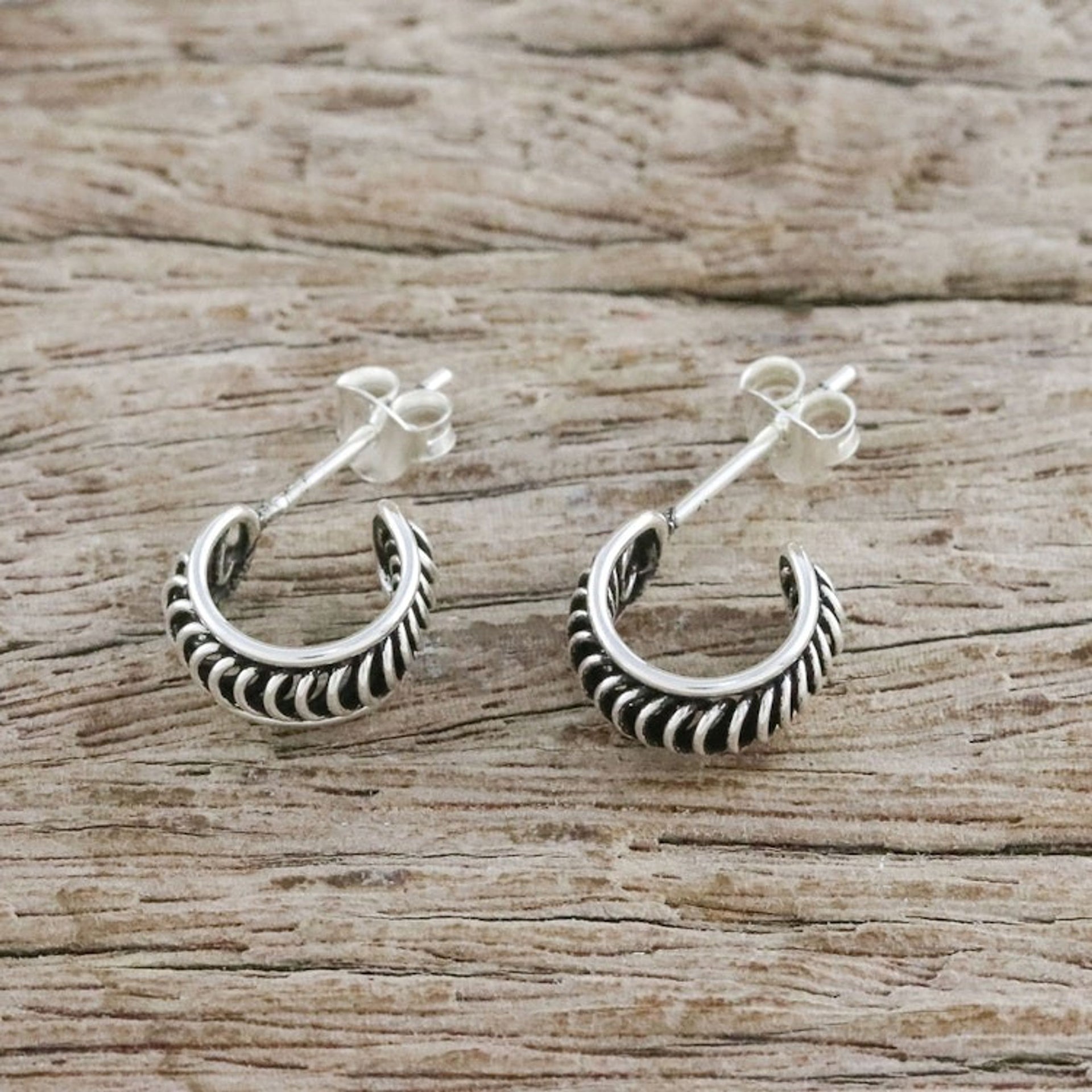 Handcrafted Sterling Silver Half Hoop Earrings from Thailand 'Winding'