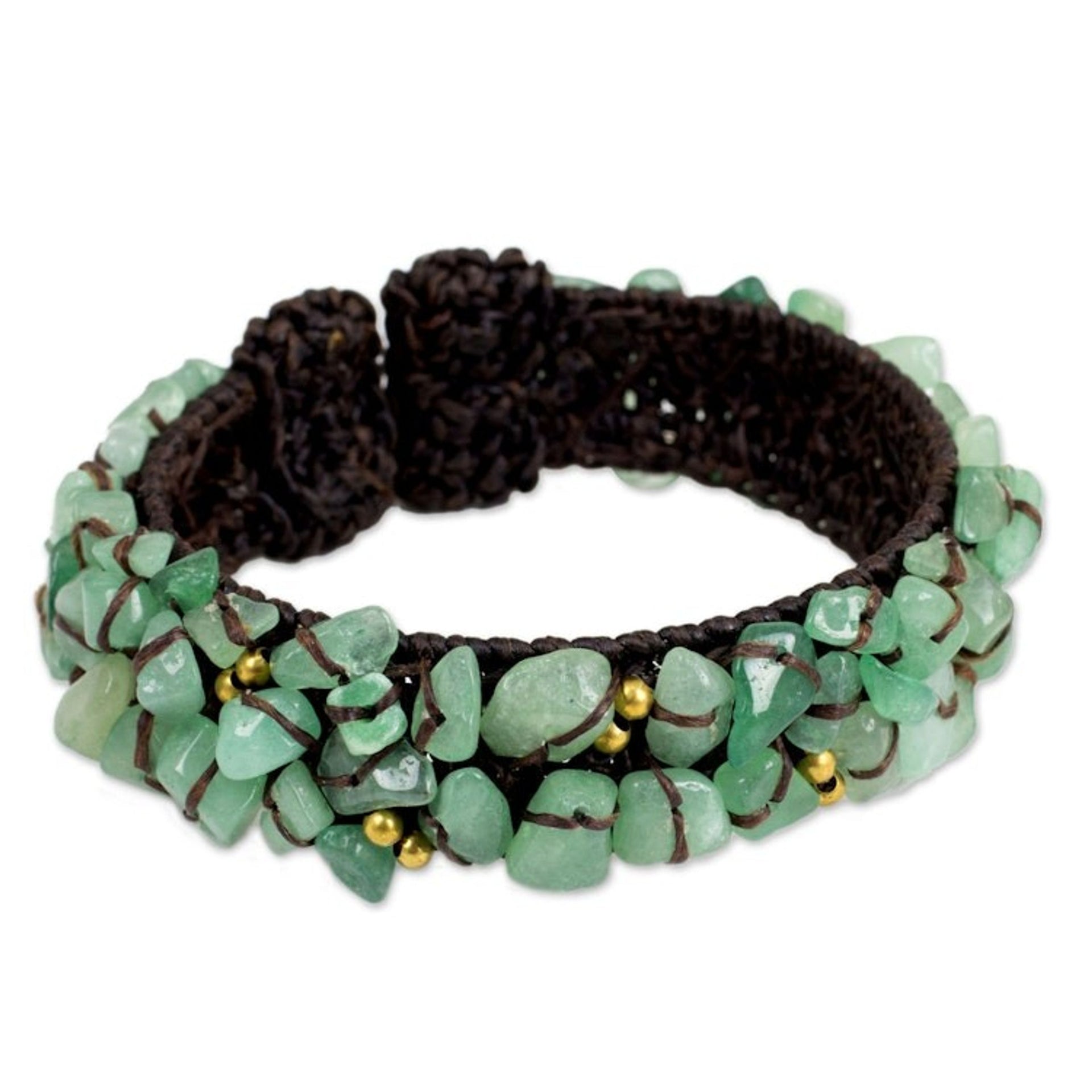 Handcrafted Green Quartz Crocheted Cuff Bracelet 'Woodland Morning'