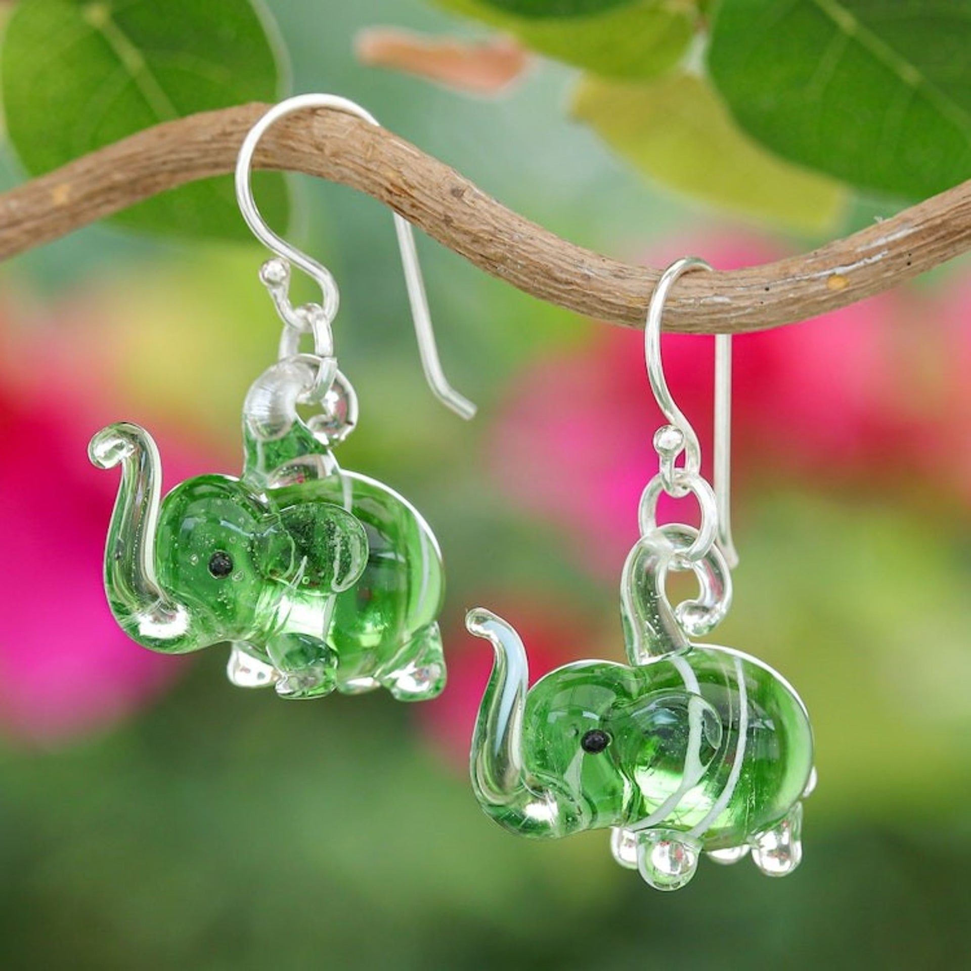 Handblown Striped Green Glass Elephant Dangle Earrings 'Elephant Vitality'