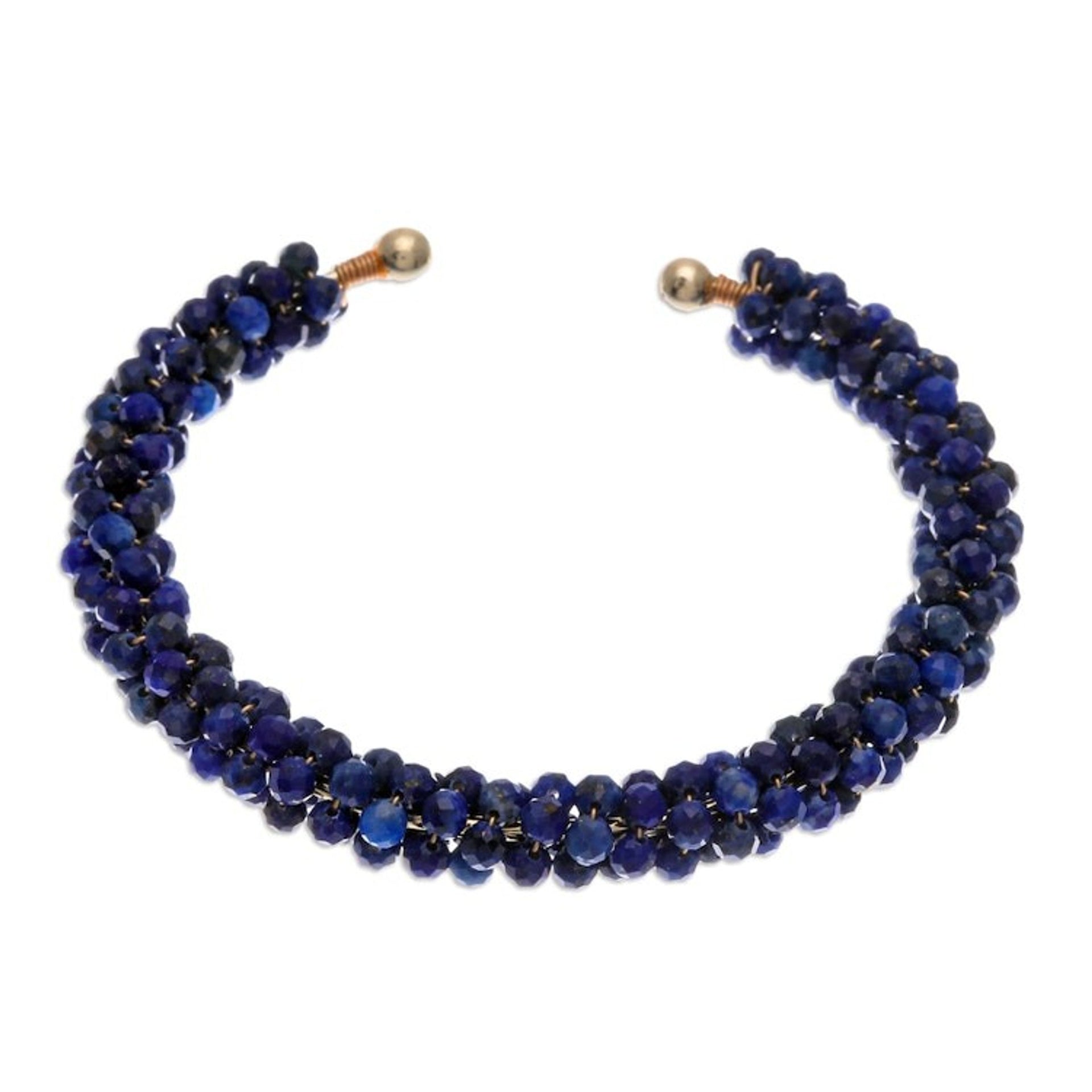 Lapis Lazuli Beaded Cuff Bracelet with Brass Fixtures 'Captivating Beauty'
