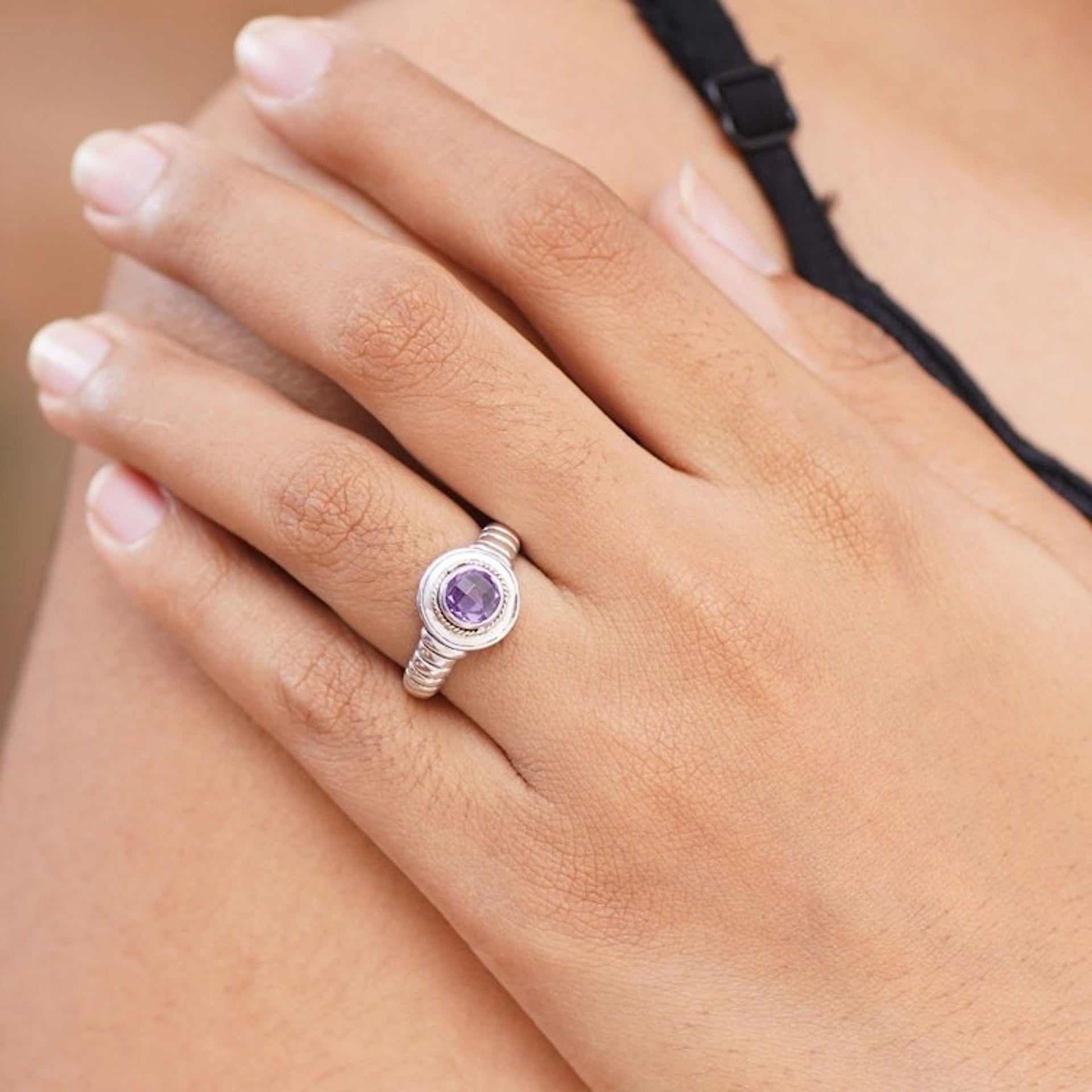 Artisan Crafted Amethyst and Sterling Silver Ring 'Bali Wisdom'