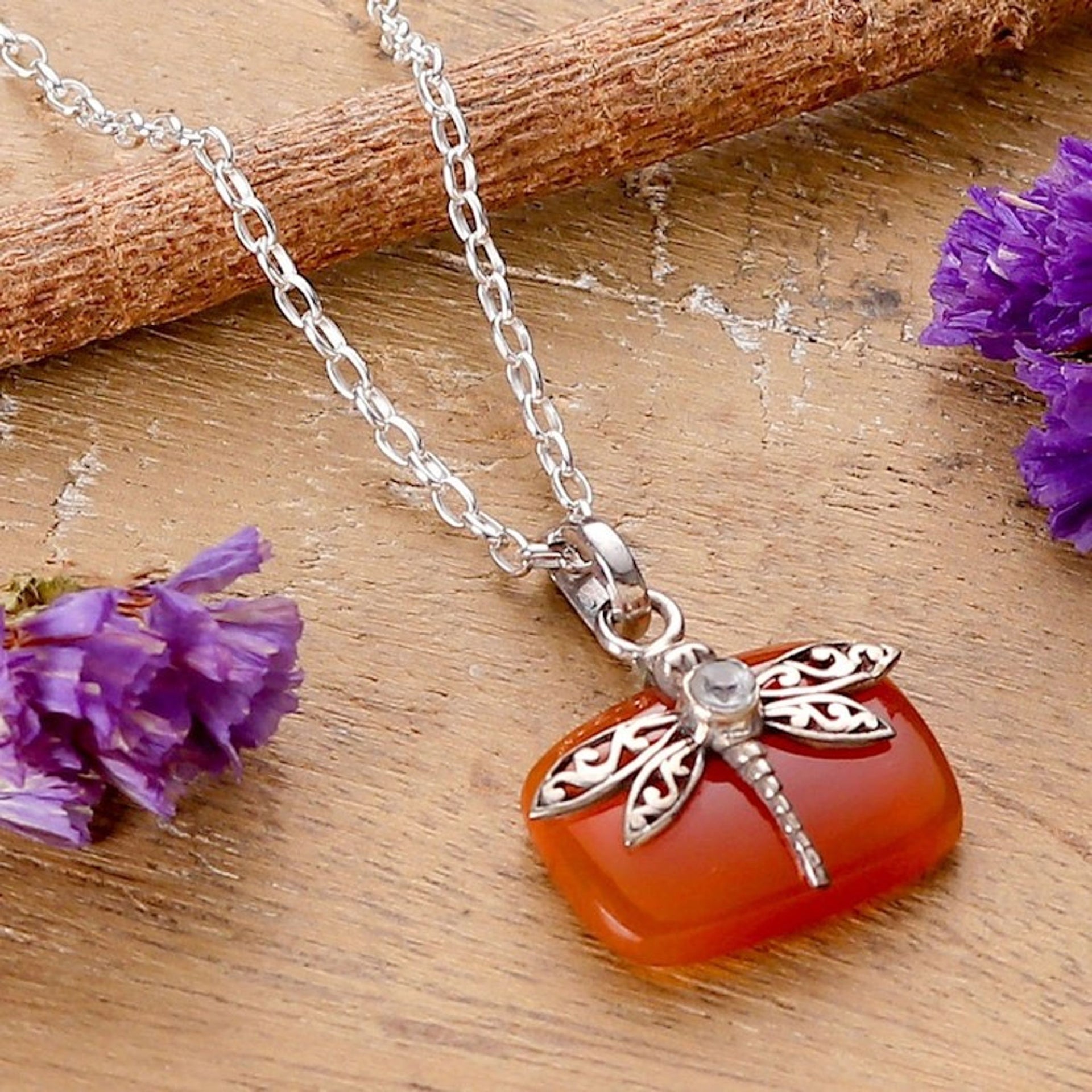 Natural Carnelian Dragonfly Pendant Necklace with Quartz Gem 'Courageous Flutter'
