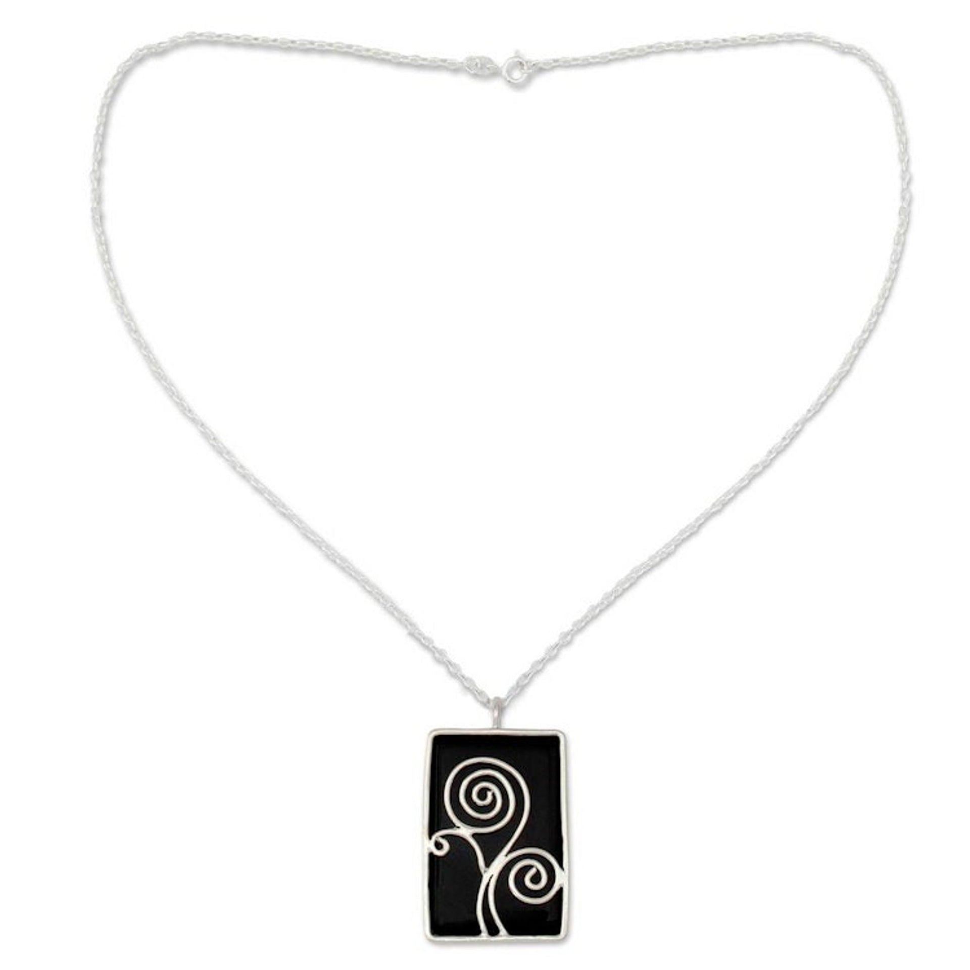 Sterling Silver and Onyx Necklace Indian Modern Jewelry 'Happy Tree'