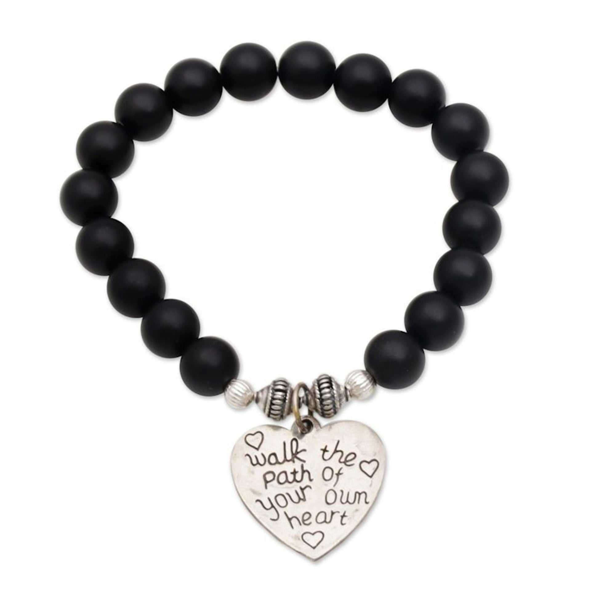 Black Onyx and Heart Charm Beaded Bracelet from Bali 'Path of Love in Matte'