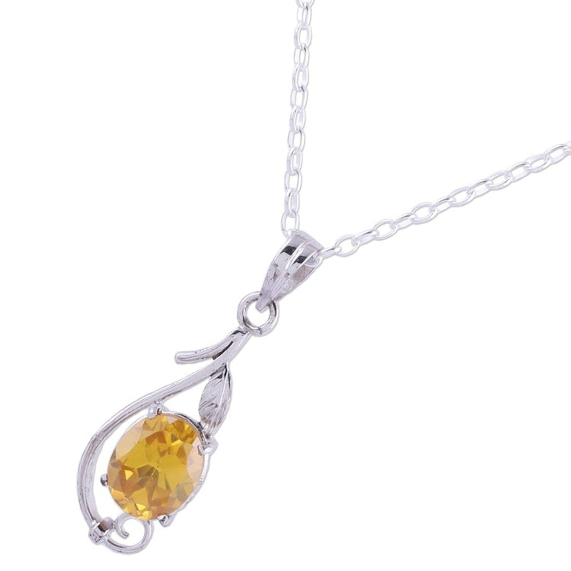 Rhodium Plated Yellow Citrine Pendant Necklace from India 'Morning Vine'