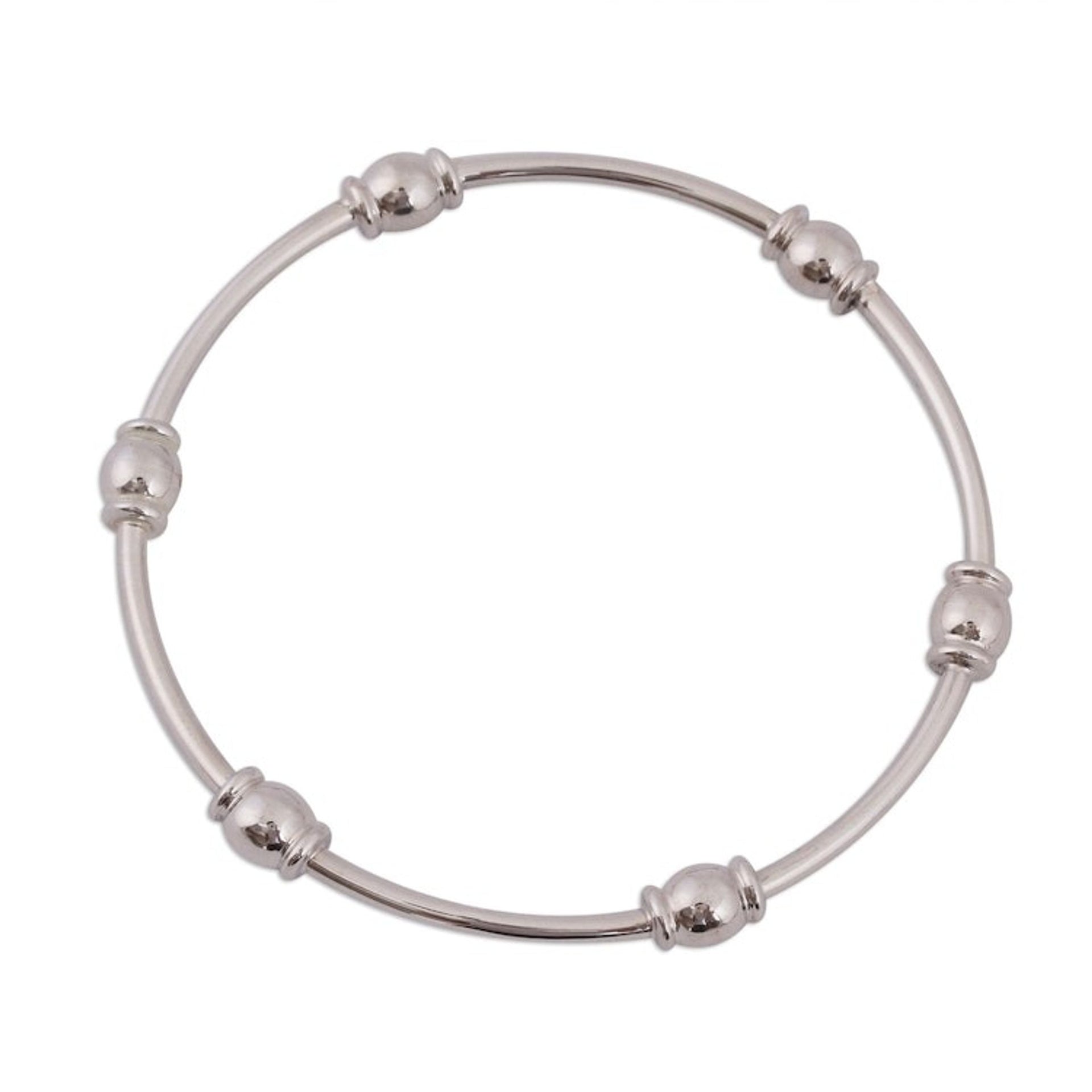 Gleaming Sterling Silver Bangle Bracelet from Mexico 'Six Beads'