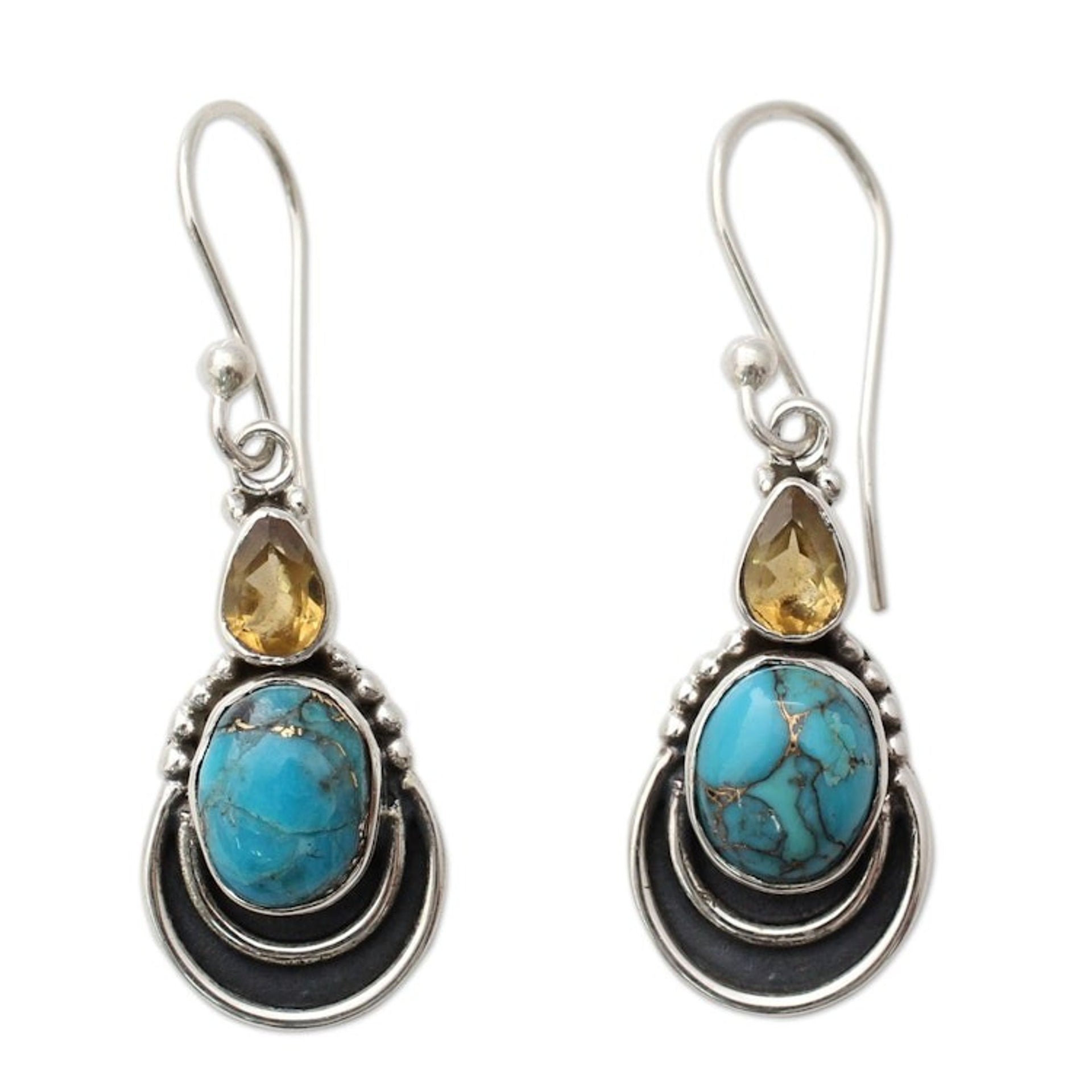 Silver Hook Earrings with Citrine and Composite Turquoise 'Eternal Allure'
