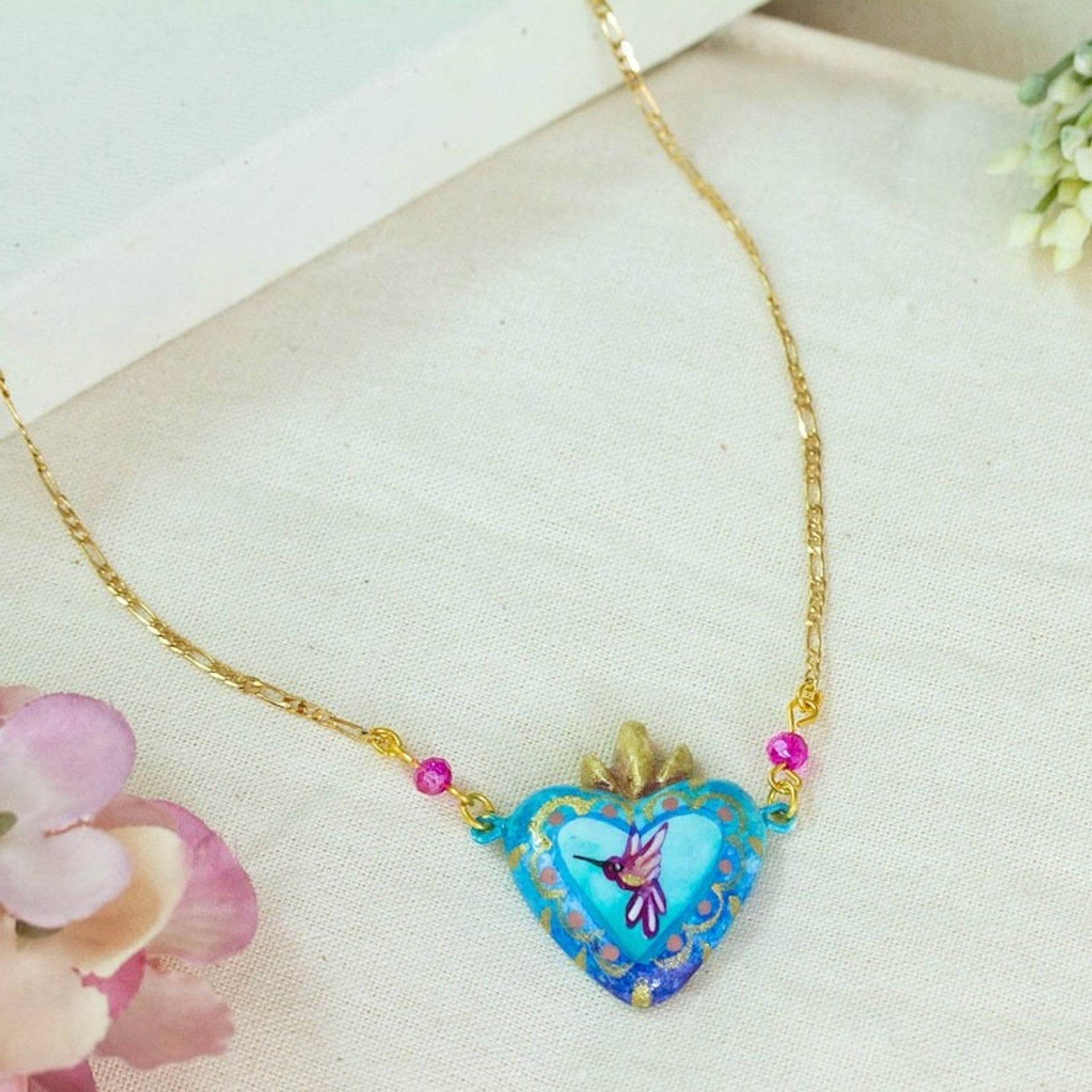 Gold-Plated Necklace with Papier Mache Sacred Heart Pendant 'Little Miracle'