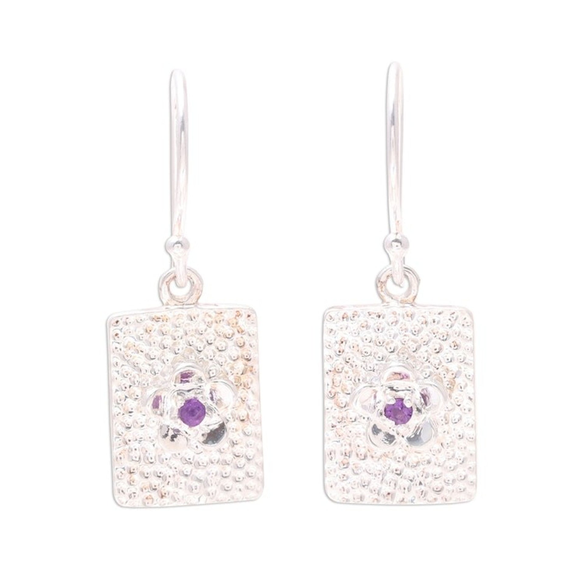 Rectangular Floral Amethyst Dangle Earrings from India 'Floral Pictures'