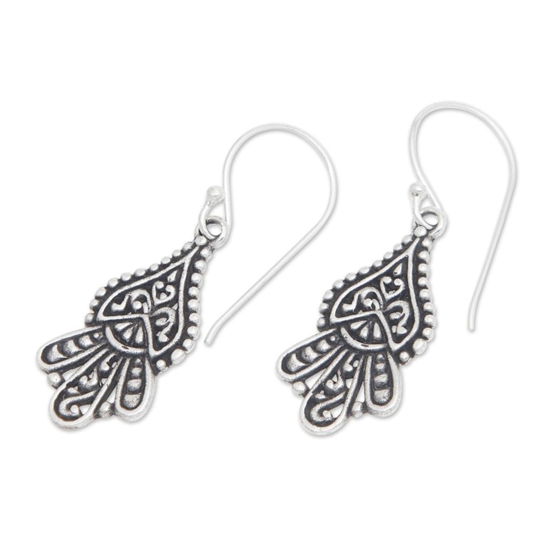 Classic Tropical Sterling Silver Dangle Earrings from Bali 'Tropical Crown'