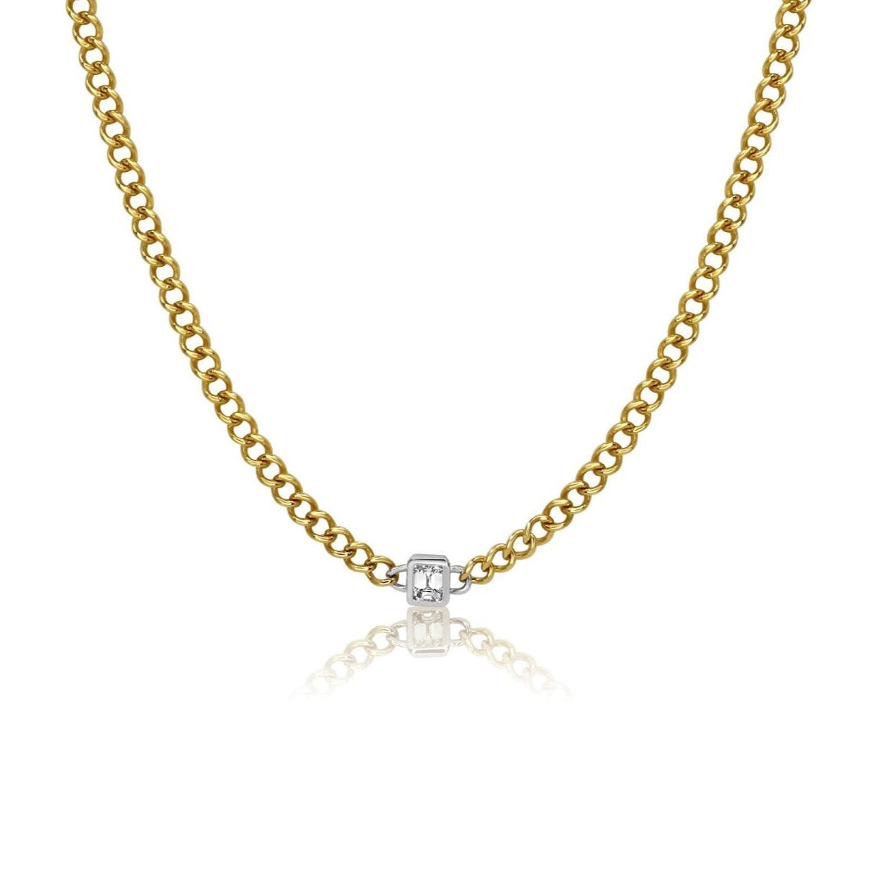 Gold Diamond Illusion Emerald Cut Cuban Link Chain Necklace