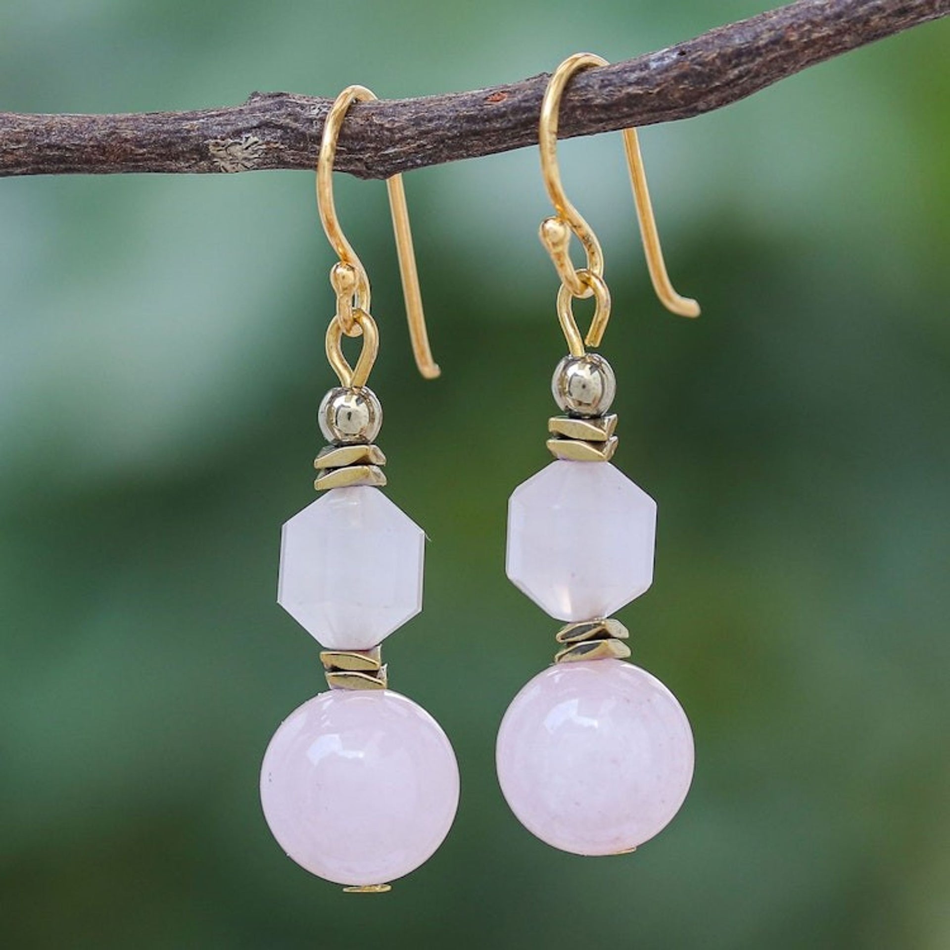 Gold Plated Rose Quartz Dangle Earrings 'Blushing'
