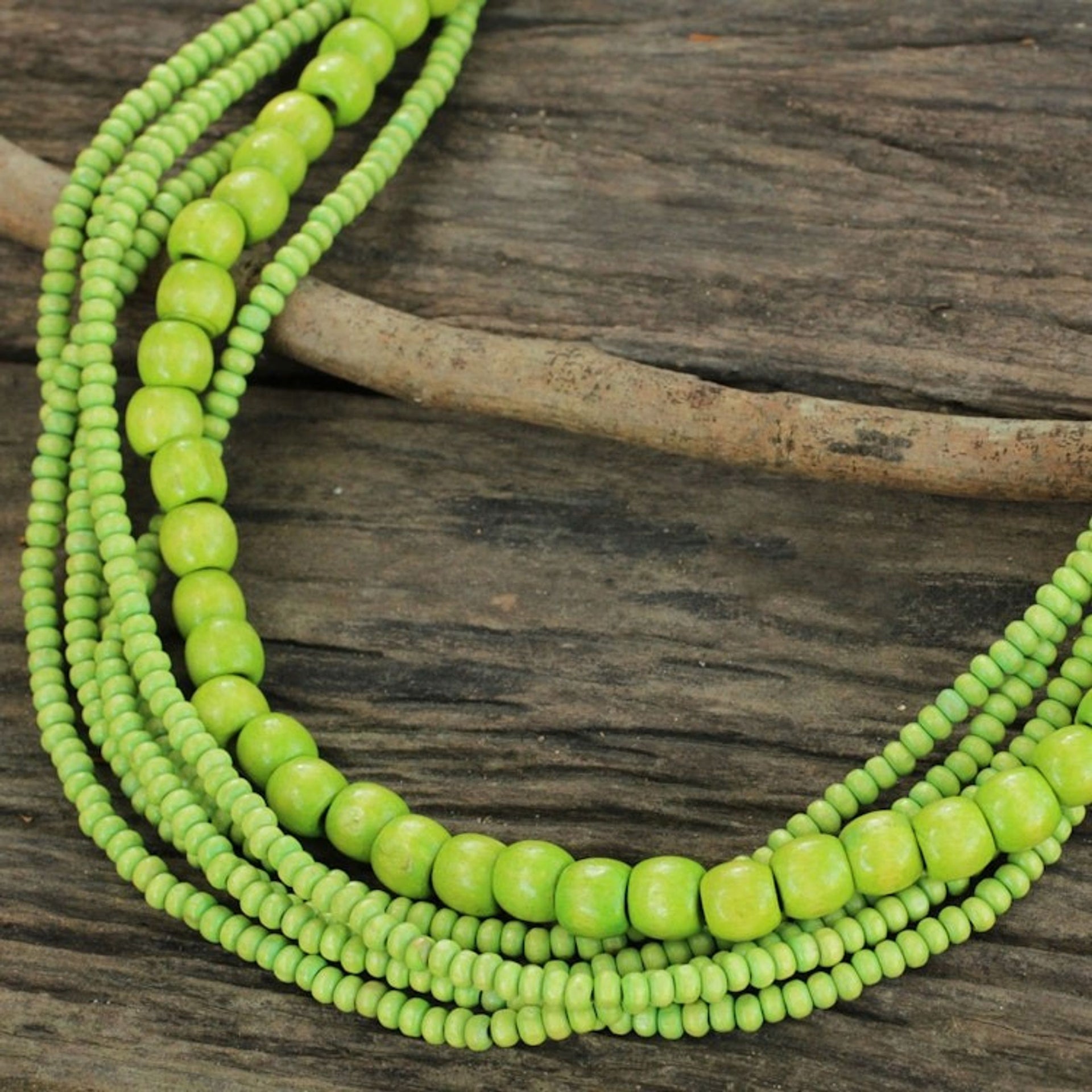 Long Multi Strand Bright Green Beaded Wood Necklace 'Oasis Dance'