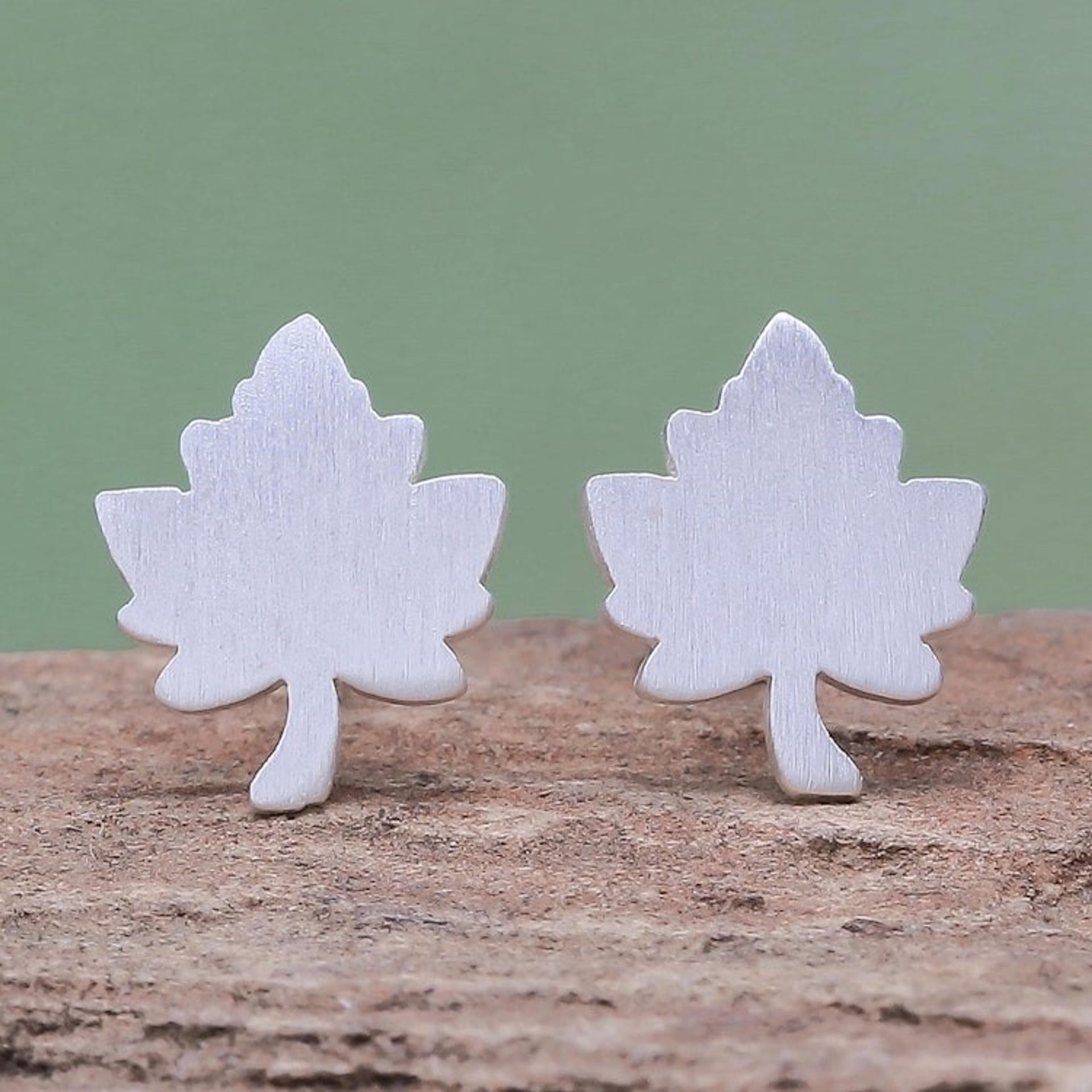 Brushed-Satin Sterling Silver Maple Leaf Stud Earrings 'Little Maple'