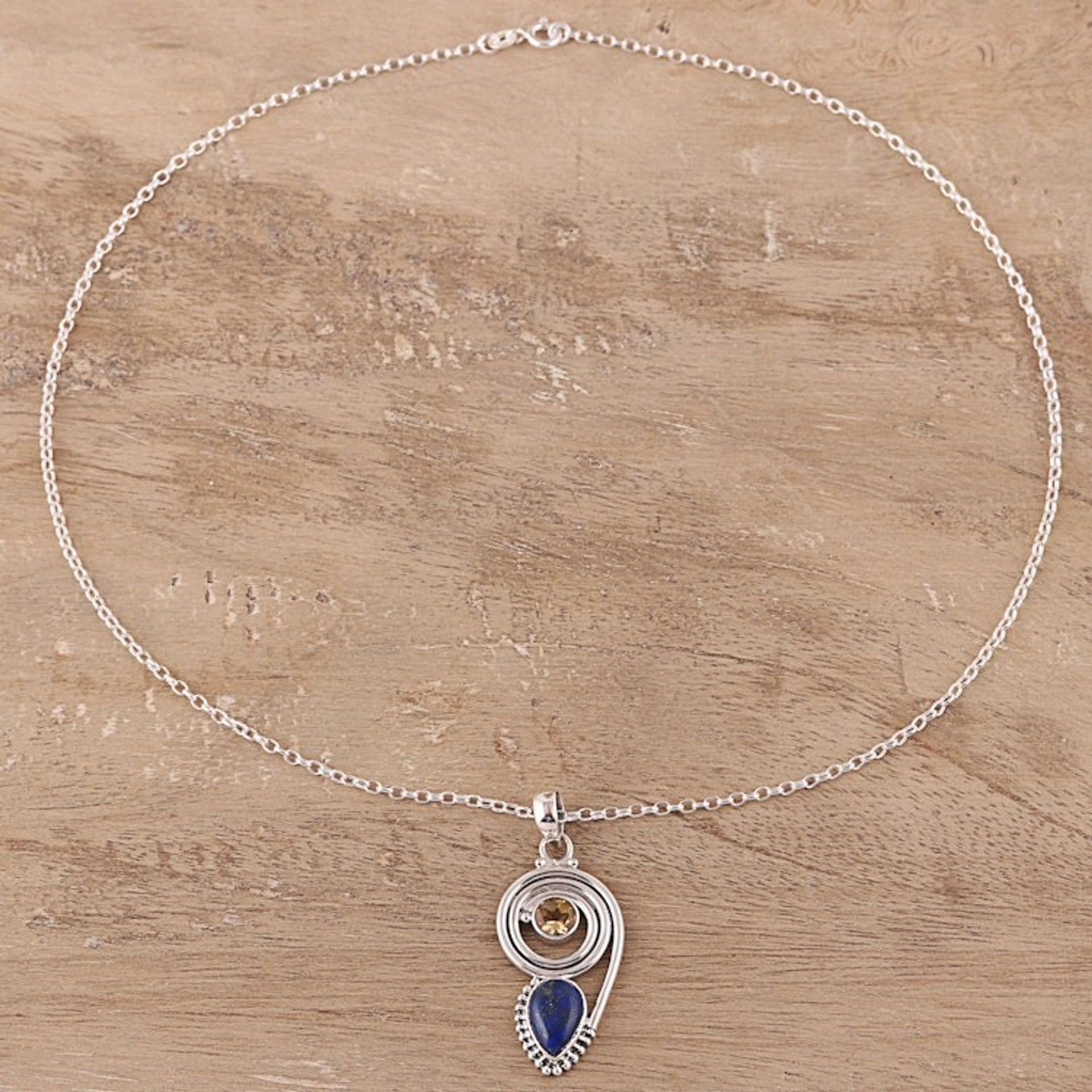 Lapis Lazuli and Citrine Pendant Necklace from India 'Wondrous Coil'