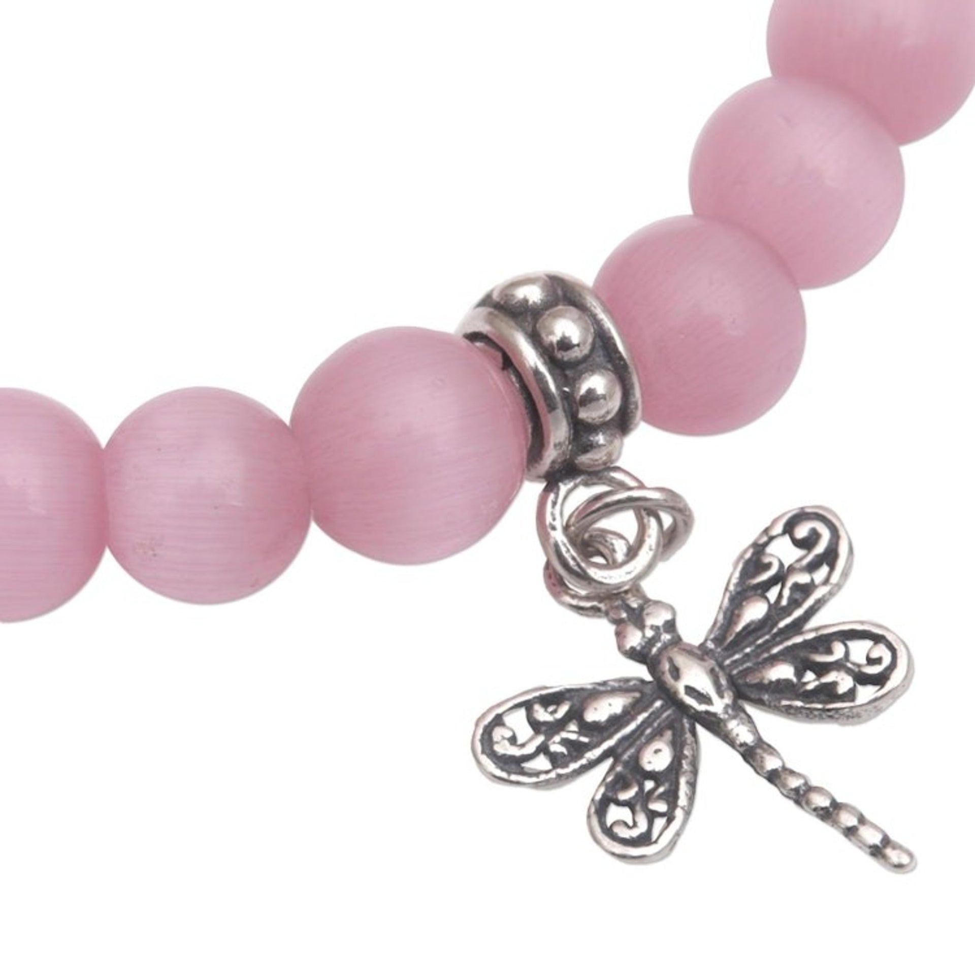 Cat's Eye Beaded Stretch Bracelet with Dragonfly Charms 'Dragonfly Blush'